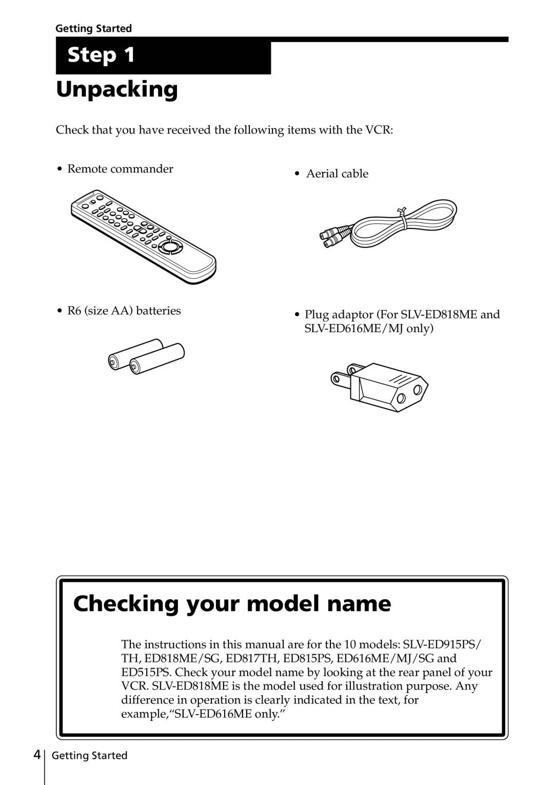 Sony SLV-ED616ME, SLV-ED817TH, SLV-ED515PS, SLV-ED818ME, SLV-ED815PS Unpacking, Checking your model name, Getting Started 