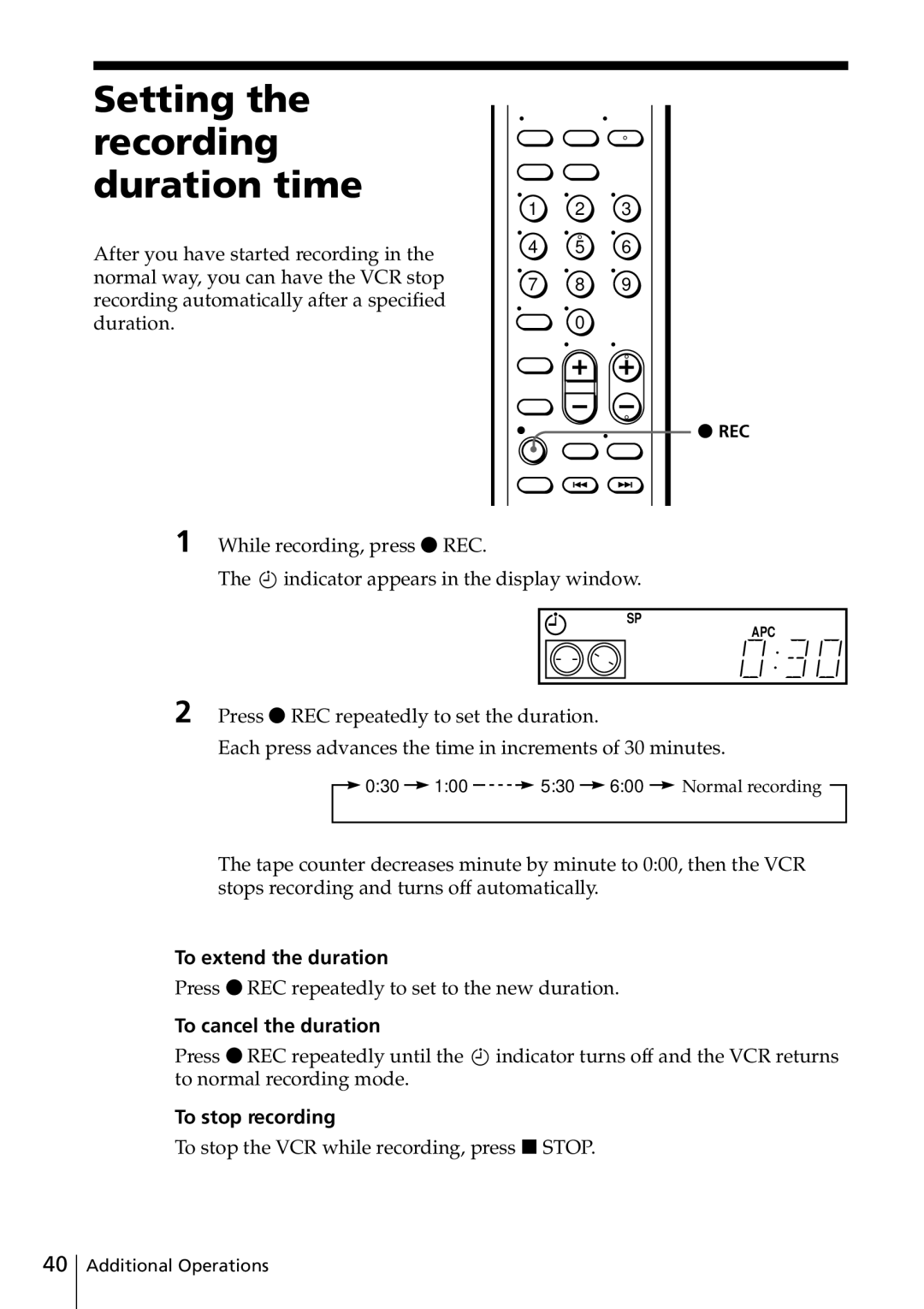 Sony SLV-ED915PS, SLV-ED817TH Setting the recording duration time, To extend the duration, To cancel the duration, Rec 