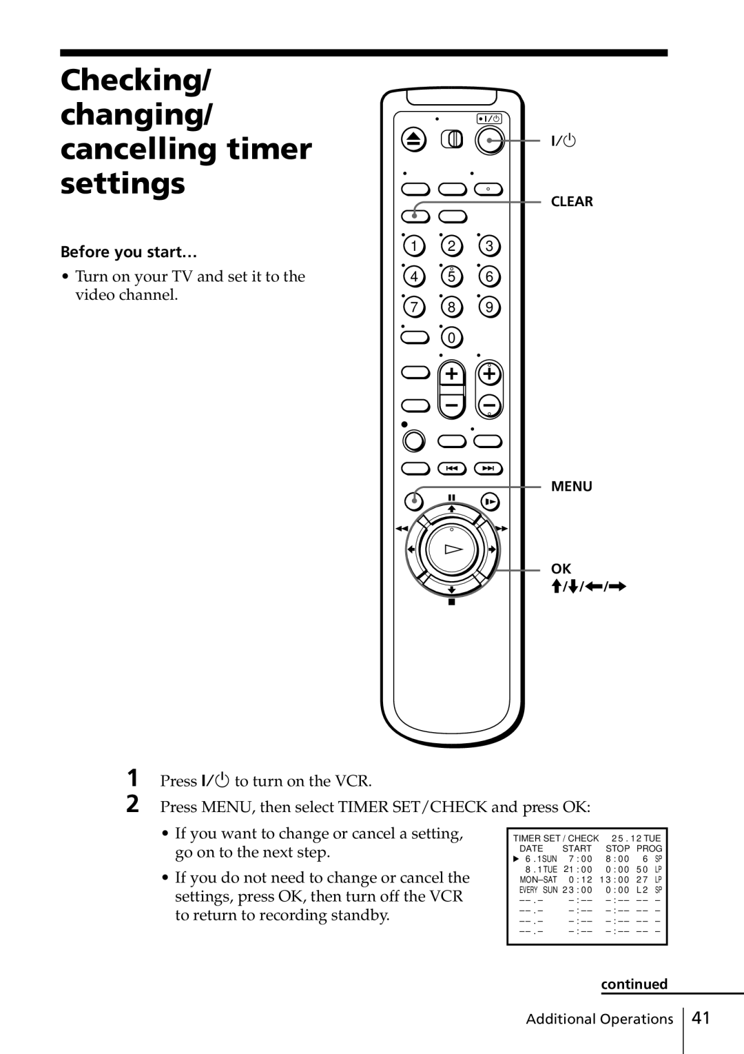 Sony SLV-ED915TH, SLV-ED817TH, SLV-ED515PS, SLV-ED818ME Checking Changing/ cancelling timer settings, Before you start… 