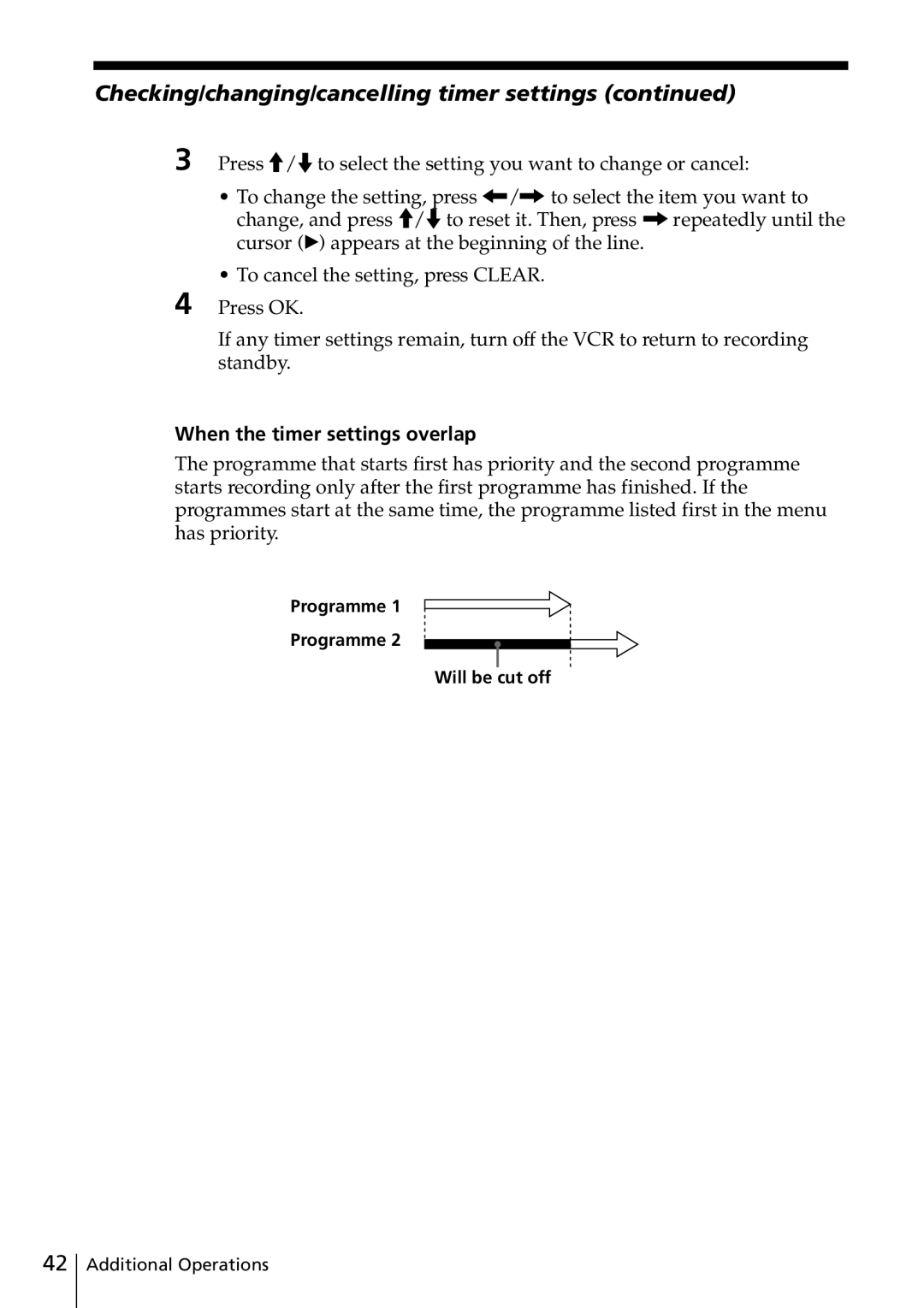 Sony SLV-ED817TH Checking/changing/cancelling timer settings, When the timer settings overlap, Programme Will be cut off 