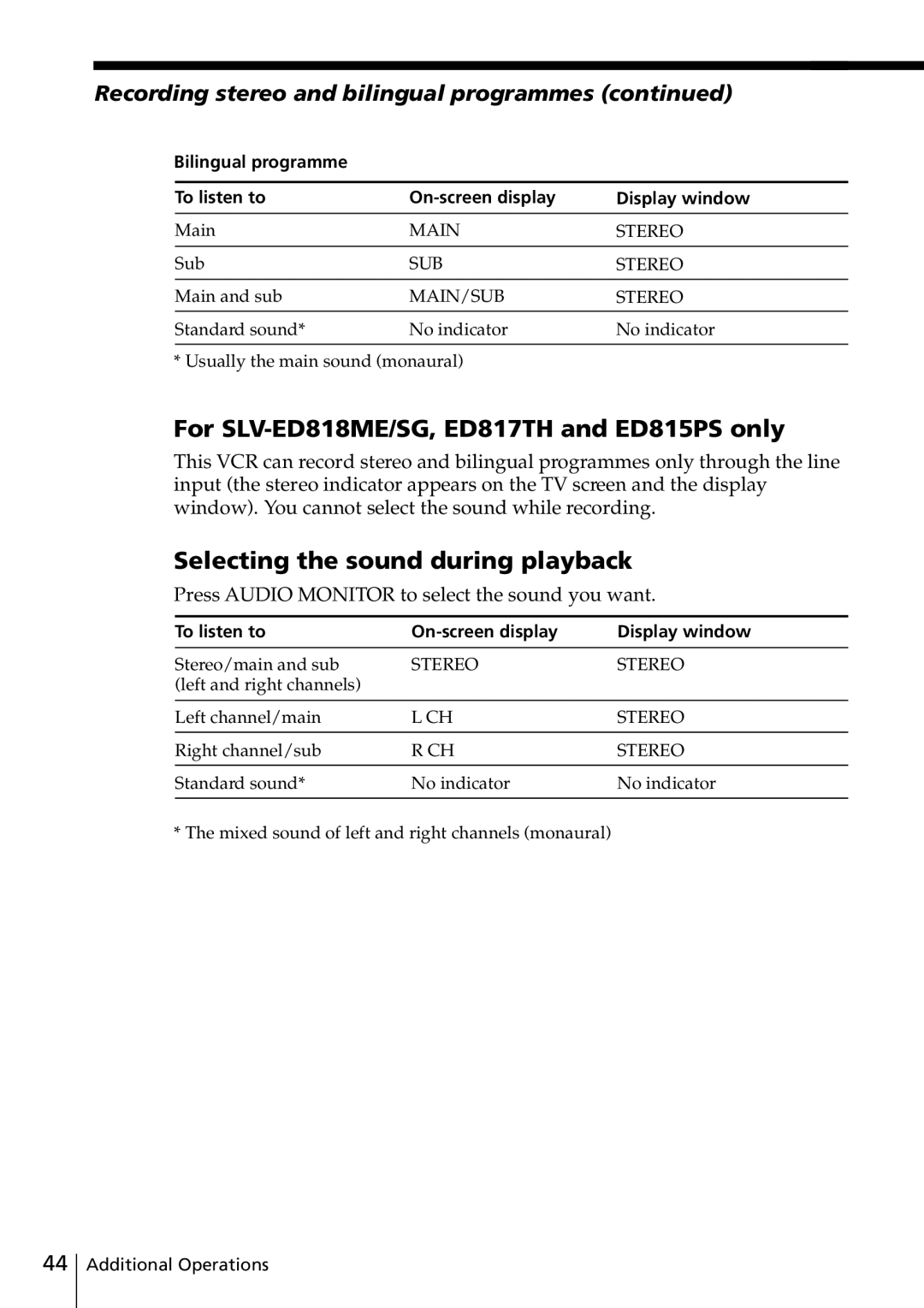 Sony SLV-ED817TH, SLV-ED515PS For SLV-ED818ME/SG, ED817TH and ED815PS only, Selecting the sound during playback 