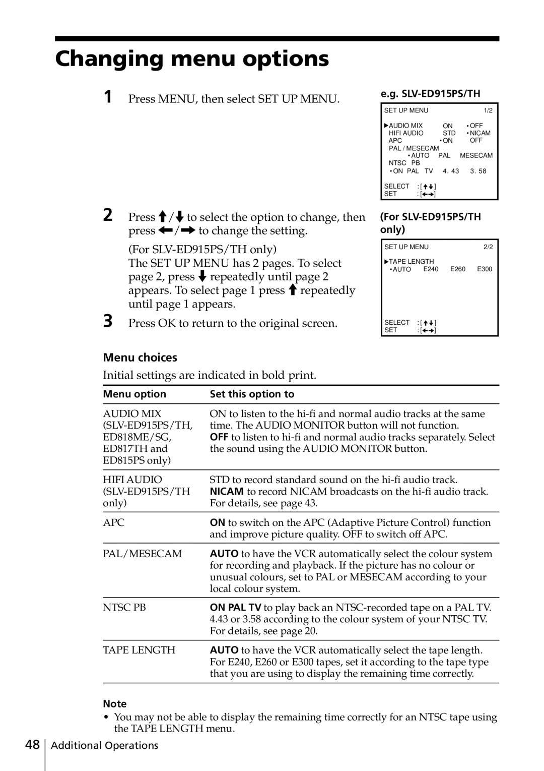 Sony SLV-ED915TH, SLV-ED817TH Changing menu options, Menu choices, Initial settings are indicated in bold print 