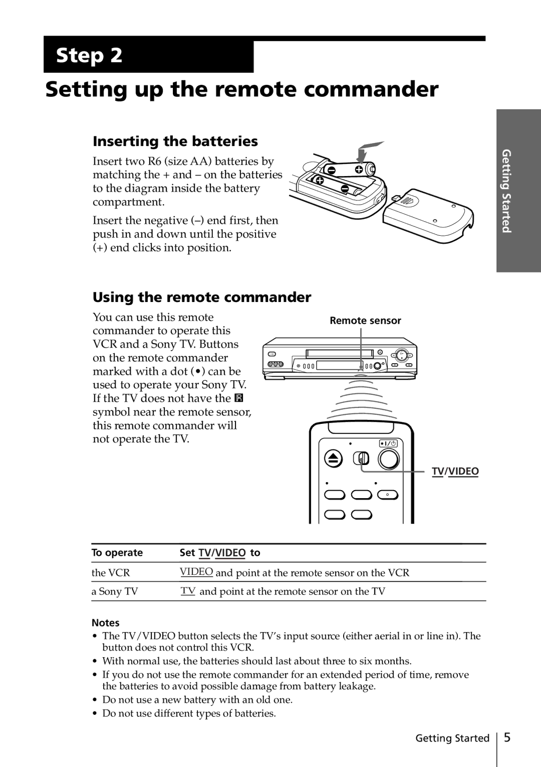 Sony SLV-ED915PS, SLV-ED817TH Setting up the remote commander, Inserting the batteries, Using the remote commander 