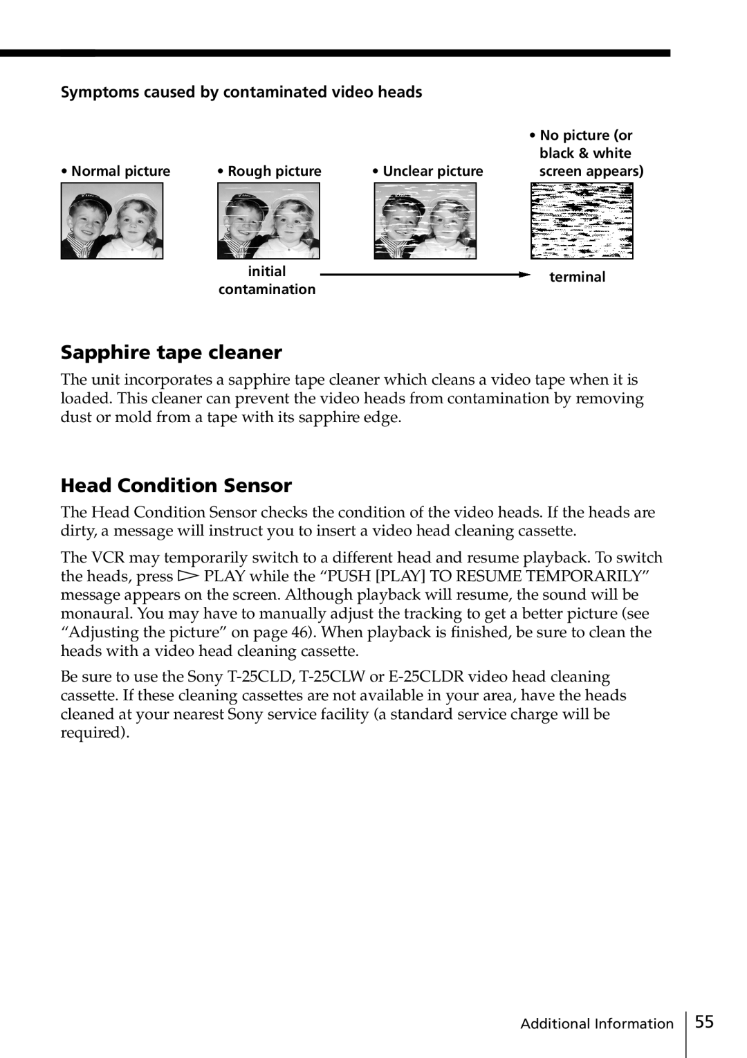 Sony SLV-ED915TH, SLV-ED817TH Sapphire tape cleaner, Head Condition Sensor, Symptoms caused by contaminated video heads 