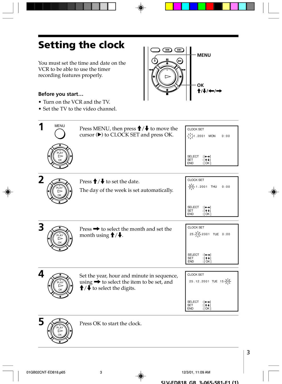 Sony SLV-ED818SG, SLV-ED616SG, SLV-ED616MJ manual Setting the clock, Before you start… 