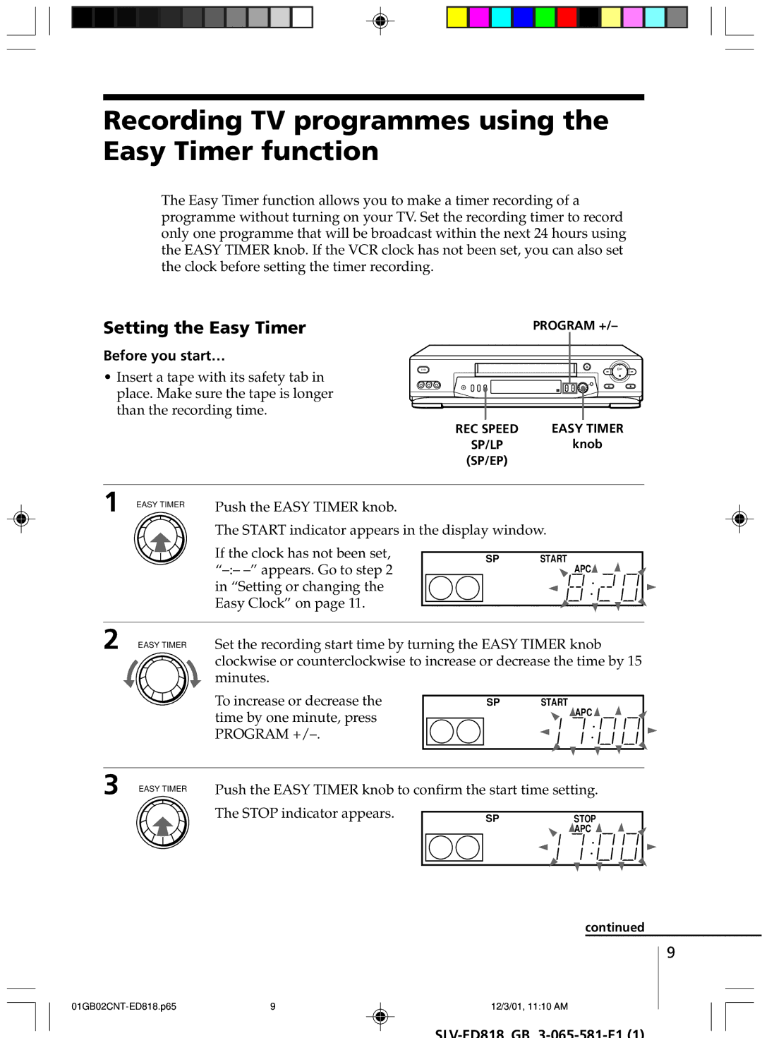 Sony SLV-ED818SG, SLV-ED616SG, SLV-ED616MJ Recording TV programmes using the Easy Timer function, Setting the Easy Timer 