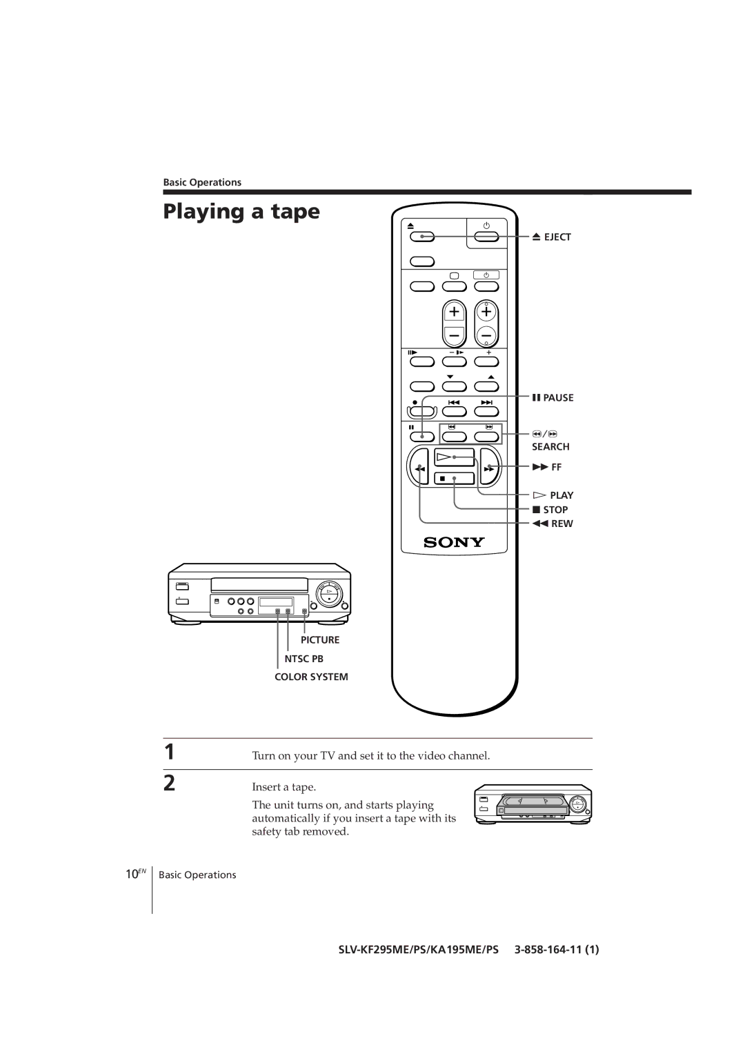 Sony SLV-KF295CH, SLV-KA195CH manual Playing a tape, 10EN, Basic Operations, Play p Stop 0 REW 