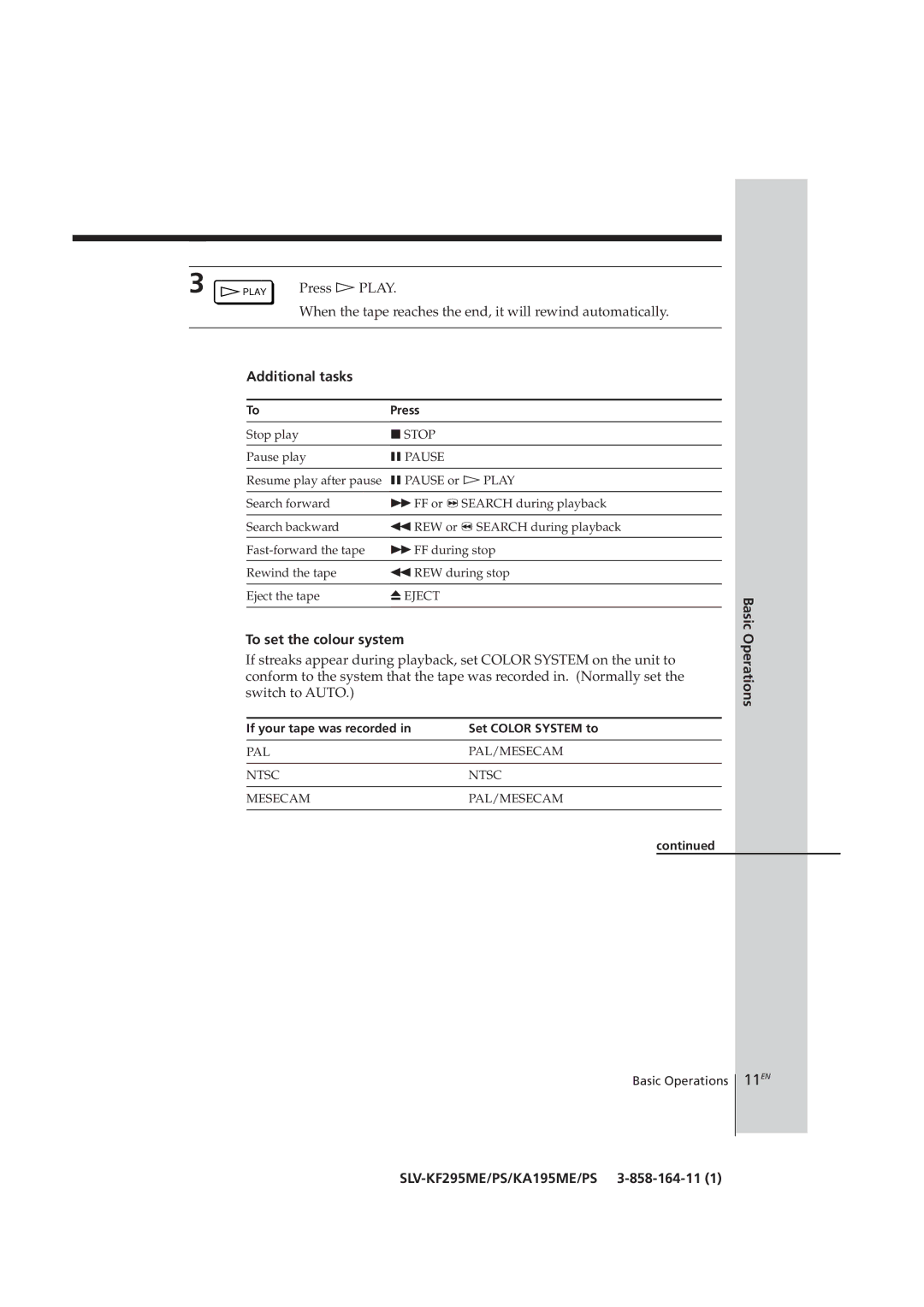 Sony SLV-KA195CH, SLV-KF295CH manual 11EN, Additional tasks, To set the colour system, Basic Operations 