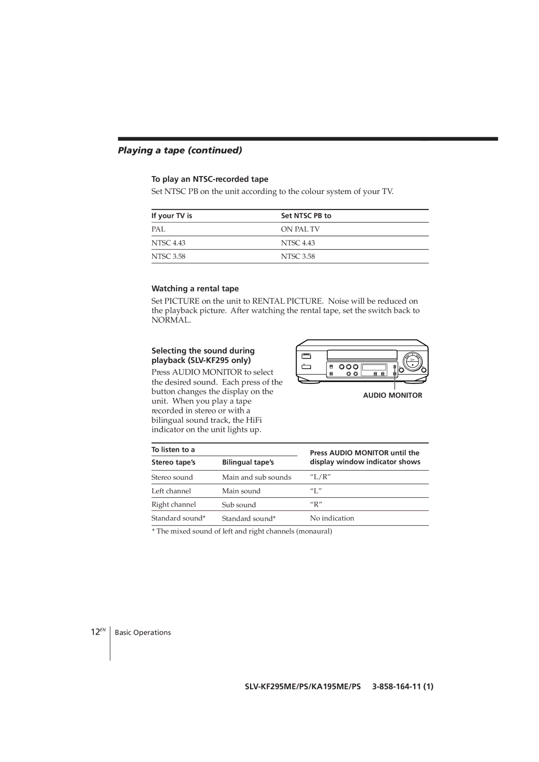 Sony SLV-KF295CH, SLV-KA195CH manual 12EN, To play an NTSC-recorded tape, Watching a rental tape 