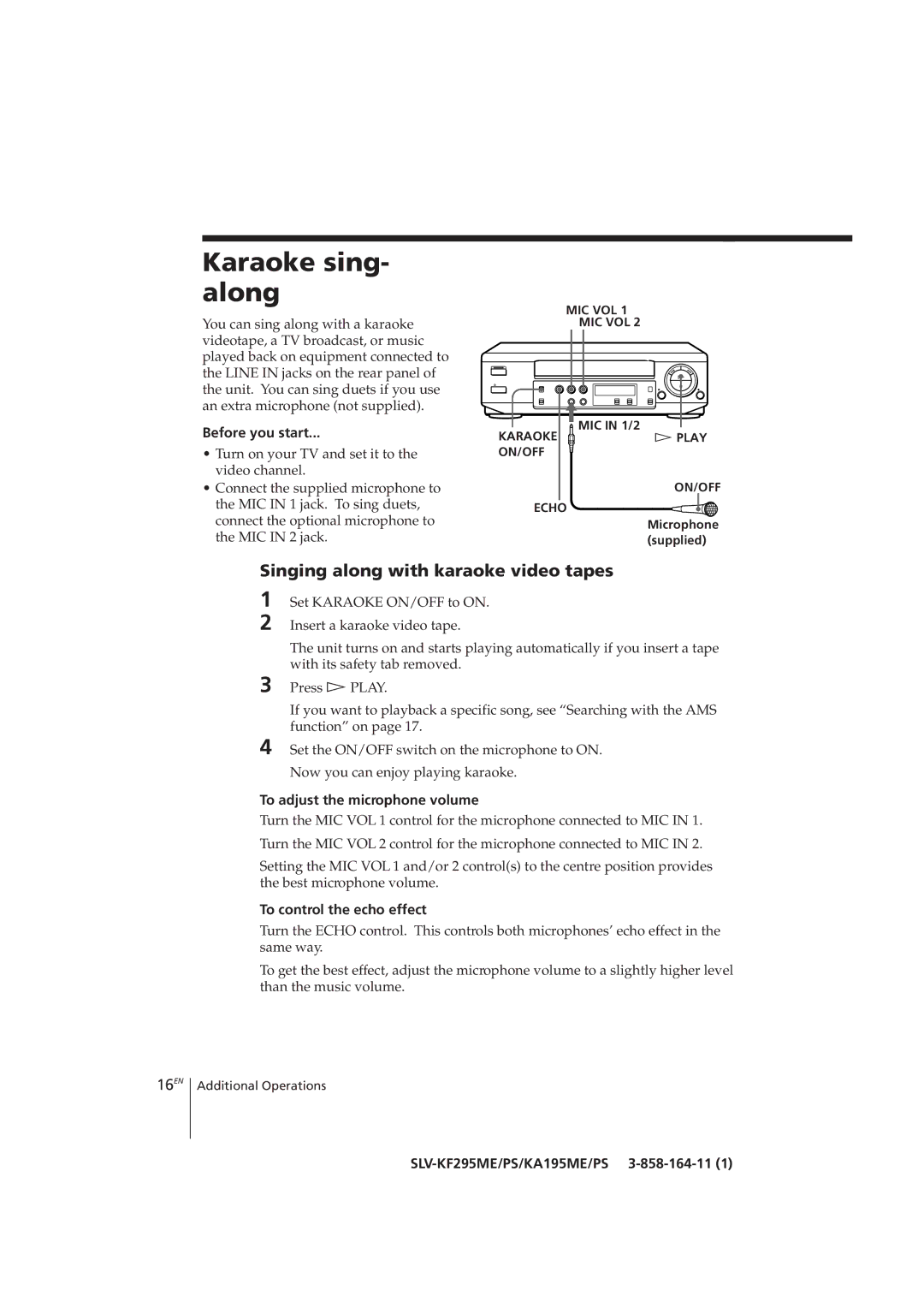 Sony SLV-KF295CH, SLV-KA195CH manual Karaoke sing- along, Singing along with karaoke video tapes, 16EN 