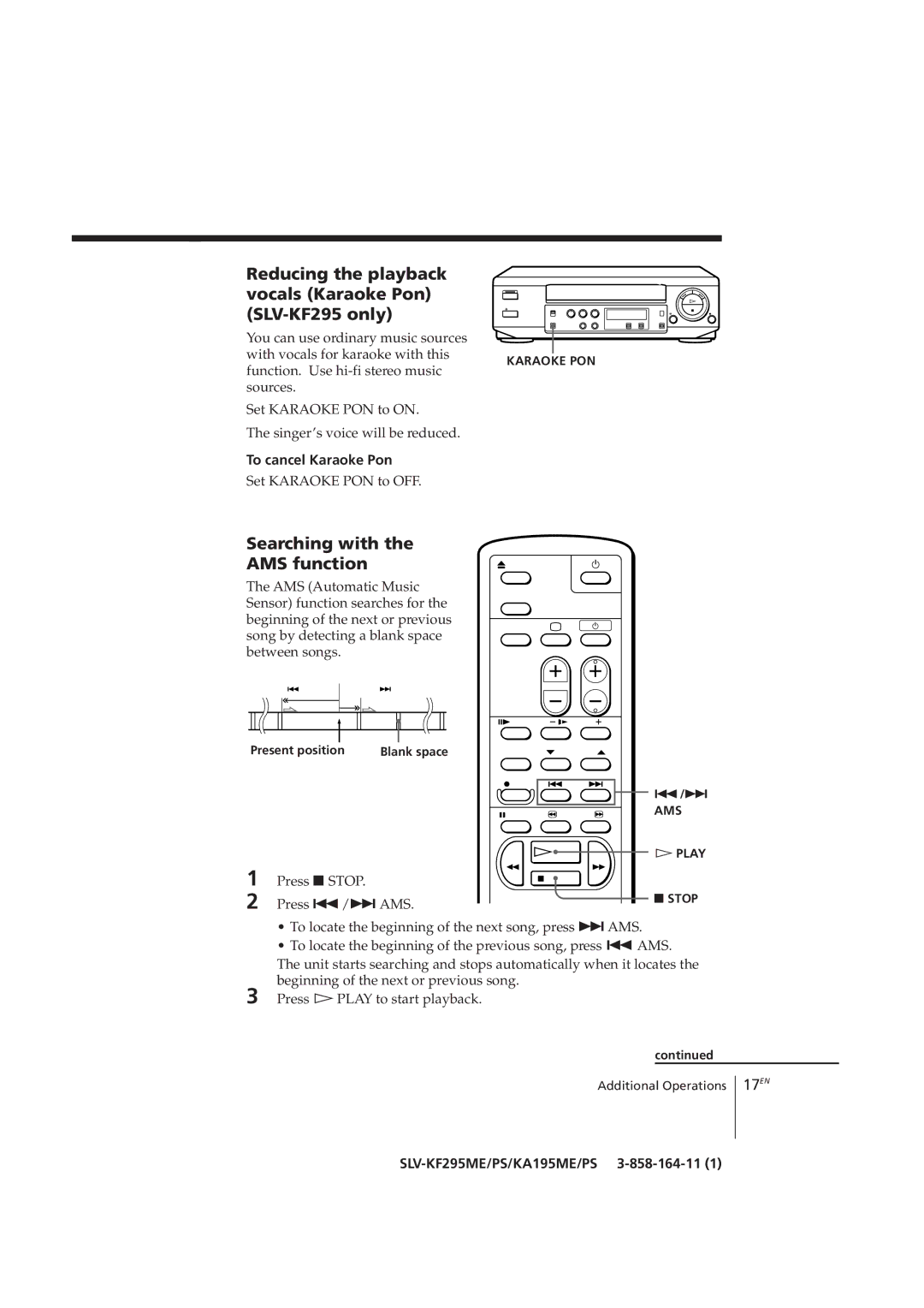 Sony SLV-KA195CH manual Reducing the playback vocals Karaoke Pon SLV-KF295 only, Searching with the AMS function, 17EN 