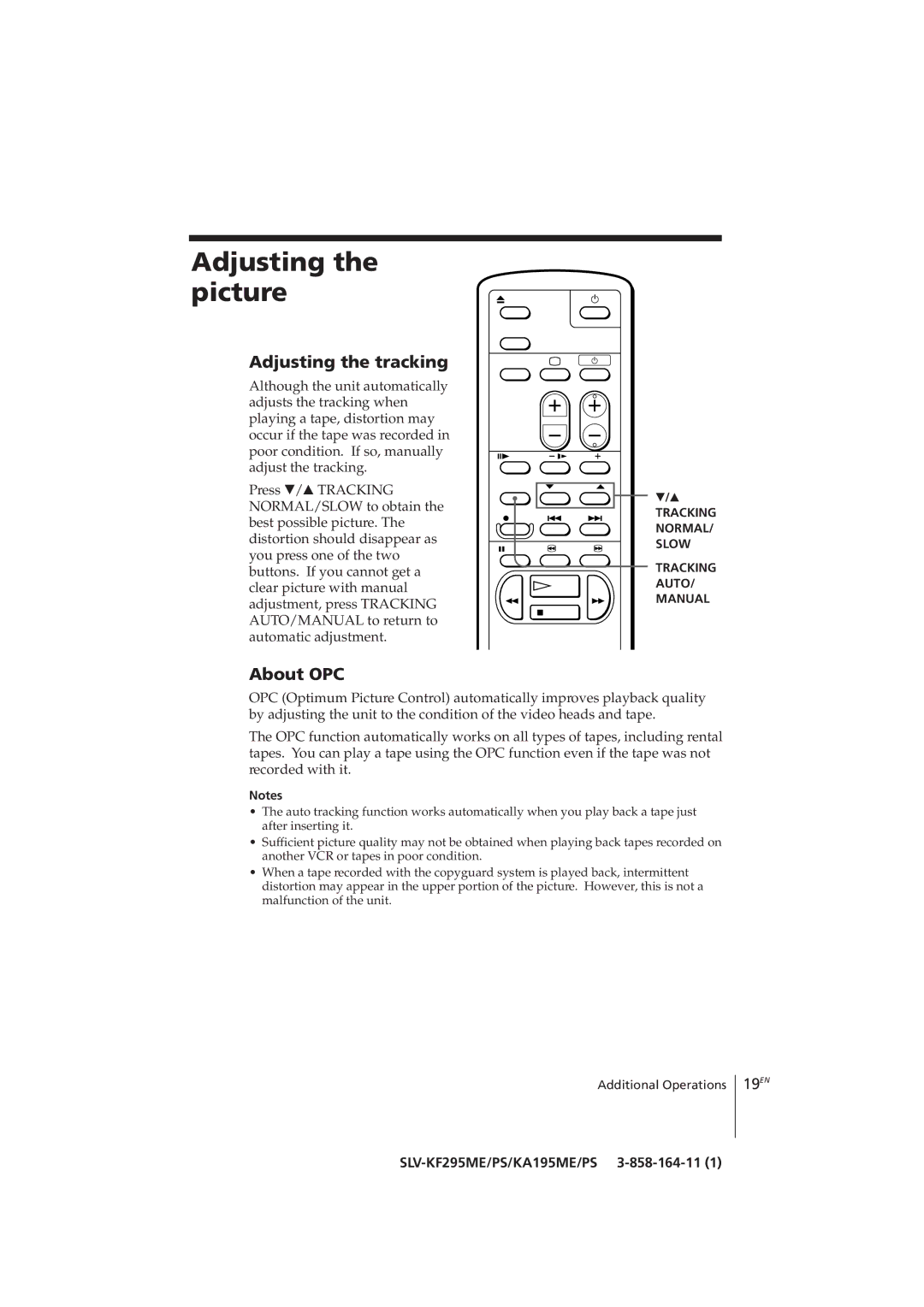 Sony SLV-KA195CH, SLV-KF295CH manual Adjusting the picture, Adjusting the tracking, About OPC 