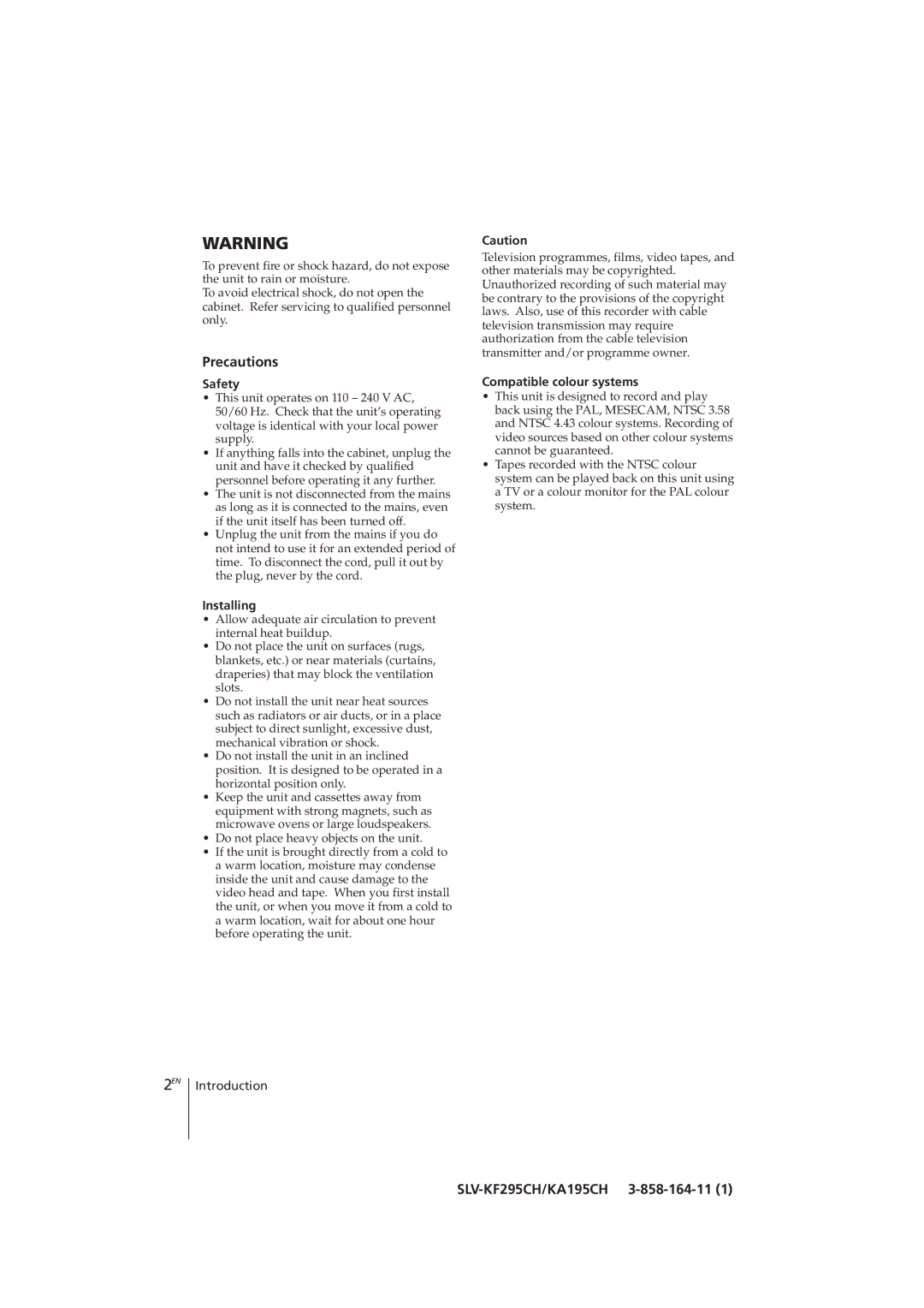 Sony SLV-KA195CH manual Precautions, SLV-KF295CH/KA195CH 3-858-164-11, Safety, Installing, Compatible colour systems 