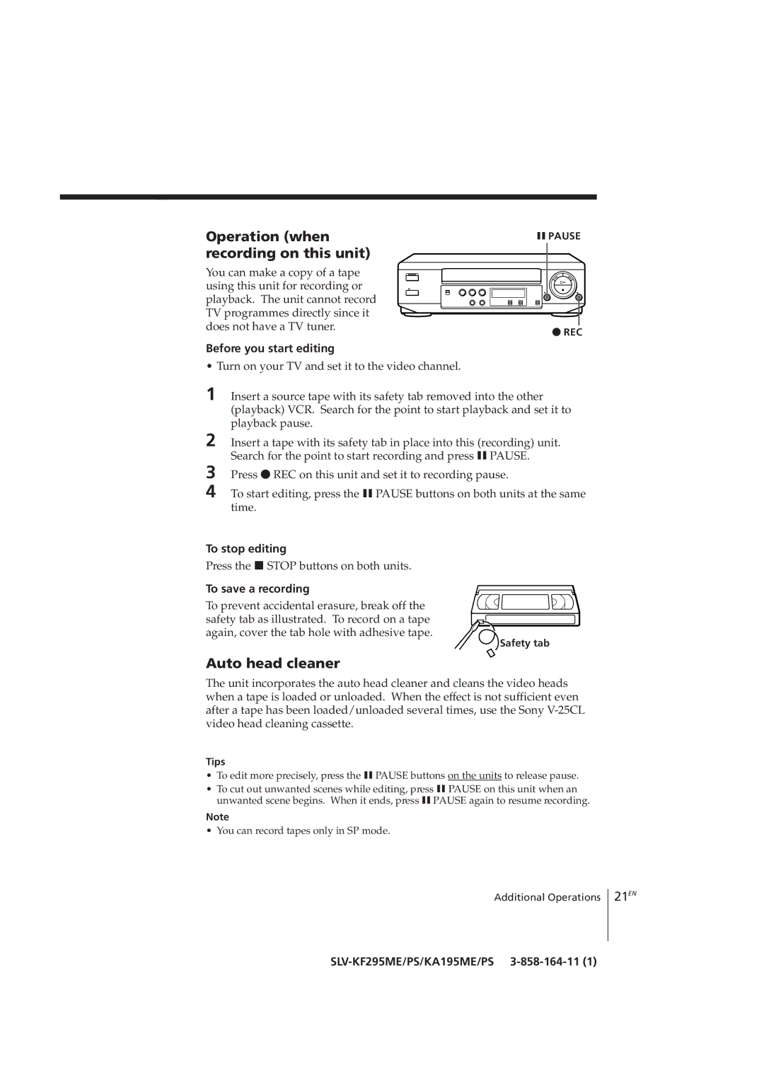 Sony SLV-KA195CH, SLV-KF295CH manual Operation when recording on this unit, Auto head cleaner, 21EN 