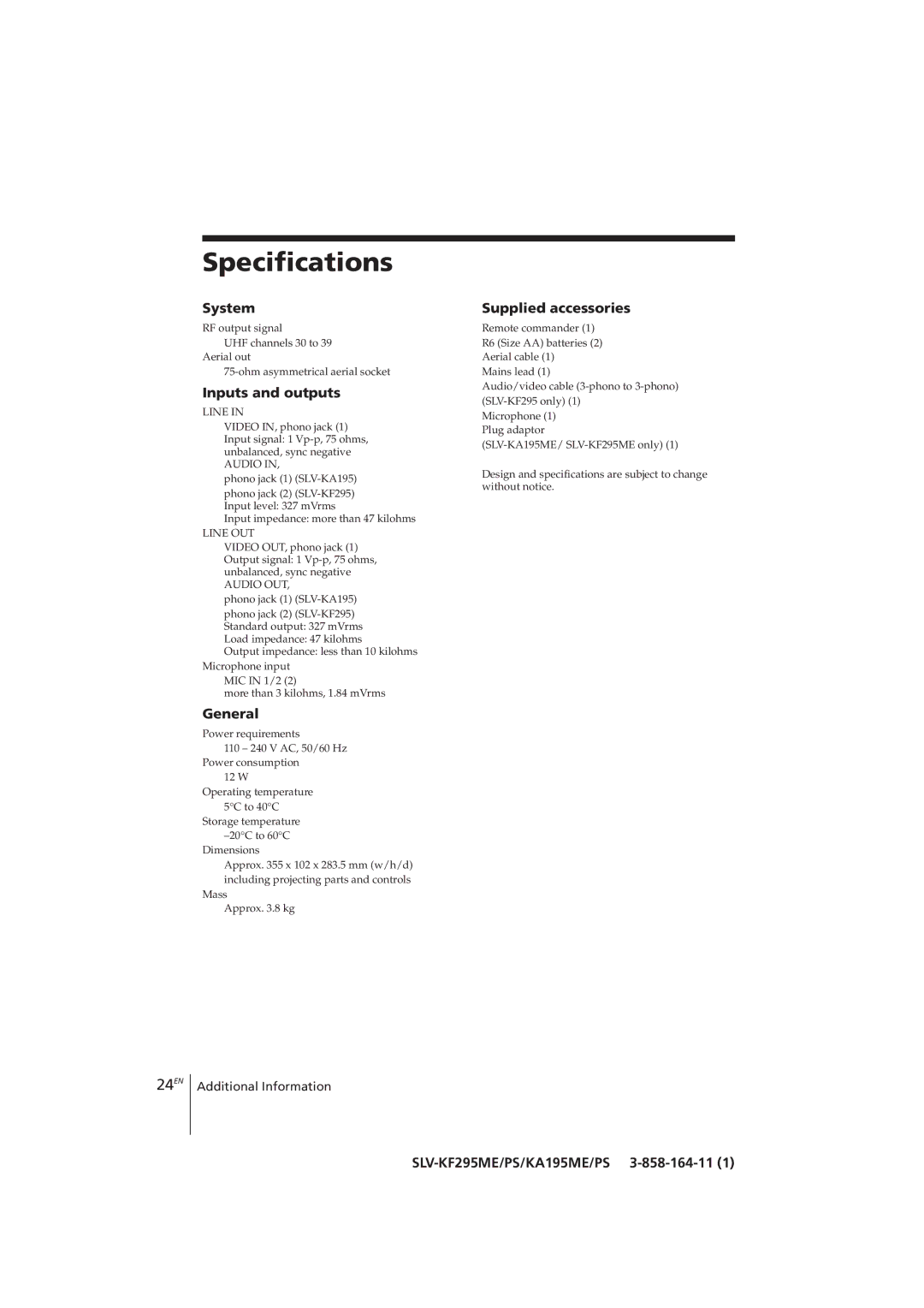 Sony SLV-KF295CH, SLV-KA195CH manual Specifications, 24EN 