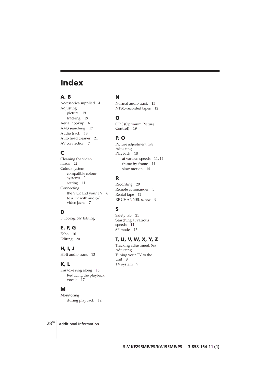 Sony SLV-KF295CH, SLV-KA195CH manual Index, V, W, X, Y, Z 