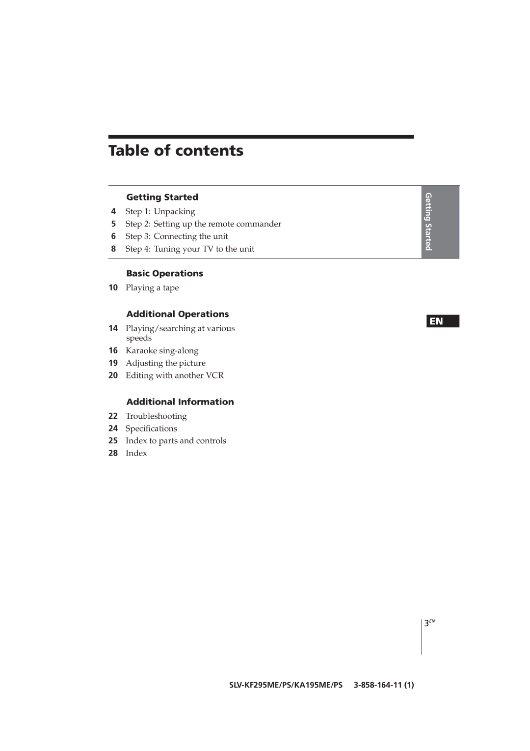 Sony SLV-KA195CH, SLV-KF295CH manual Table of contents 