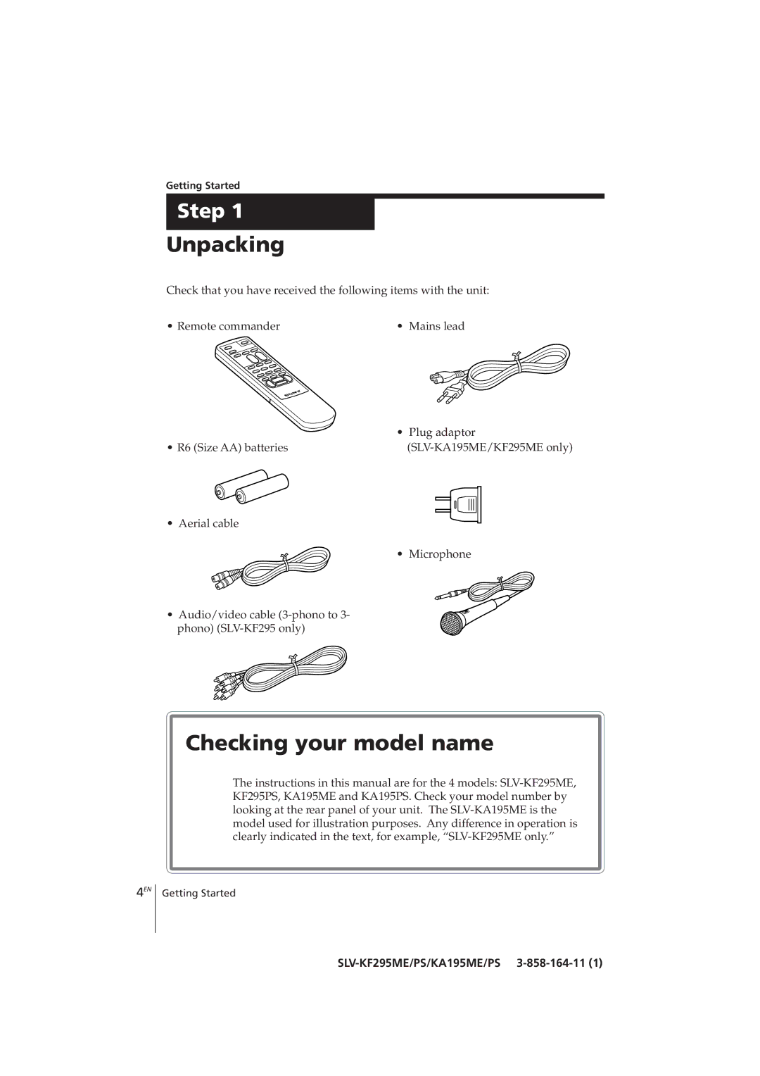 Sony SLV-KF295CH, SLV-KA195CH manual Unpacking, Checking your model name, Getting Started 