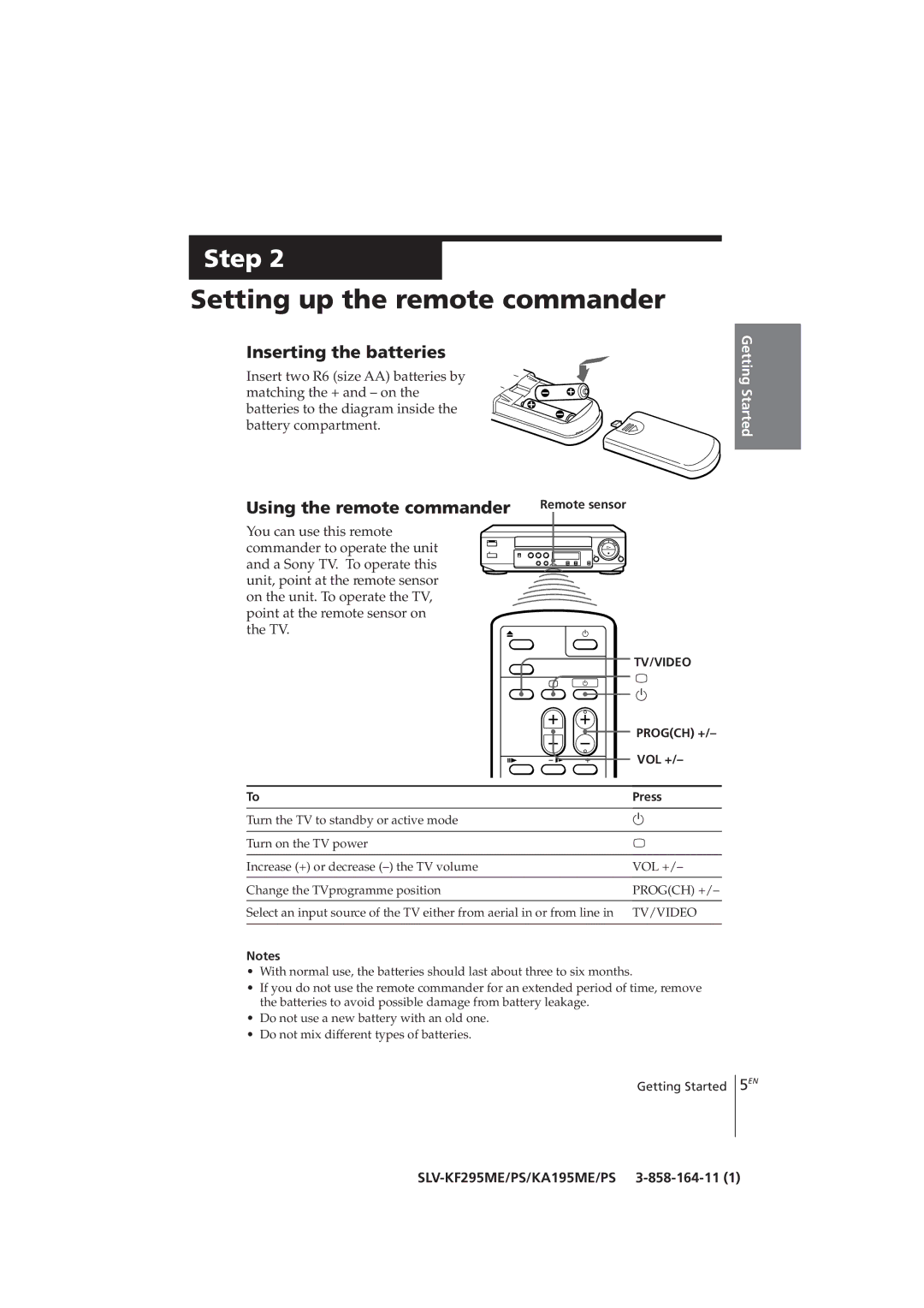 Sony SLV-KA195CH manual Setting up the remote commander, Inserting the batteries, Using the remote commander Remote sensor 