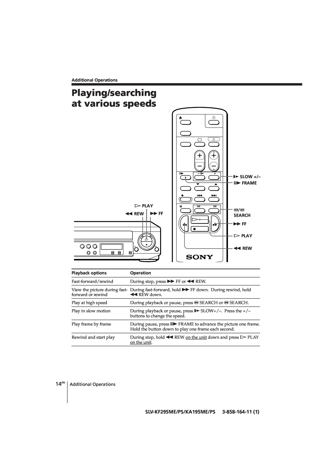 Sony SLV-KF295CH, SLV-KA195CH manual Playing/searching at various speeds, 14EN, SLV-KF295ME/PS/KA195ME/PS 