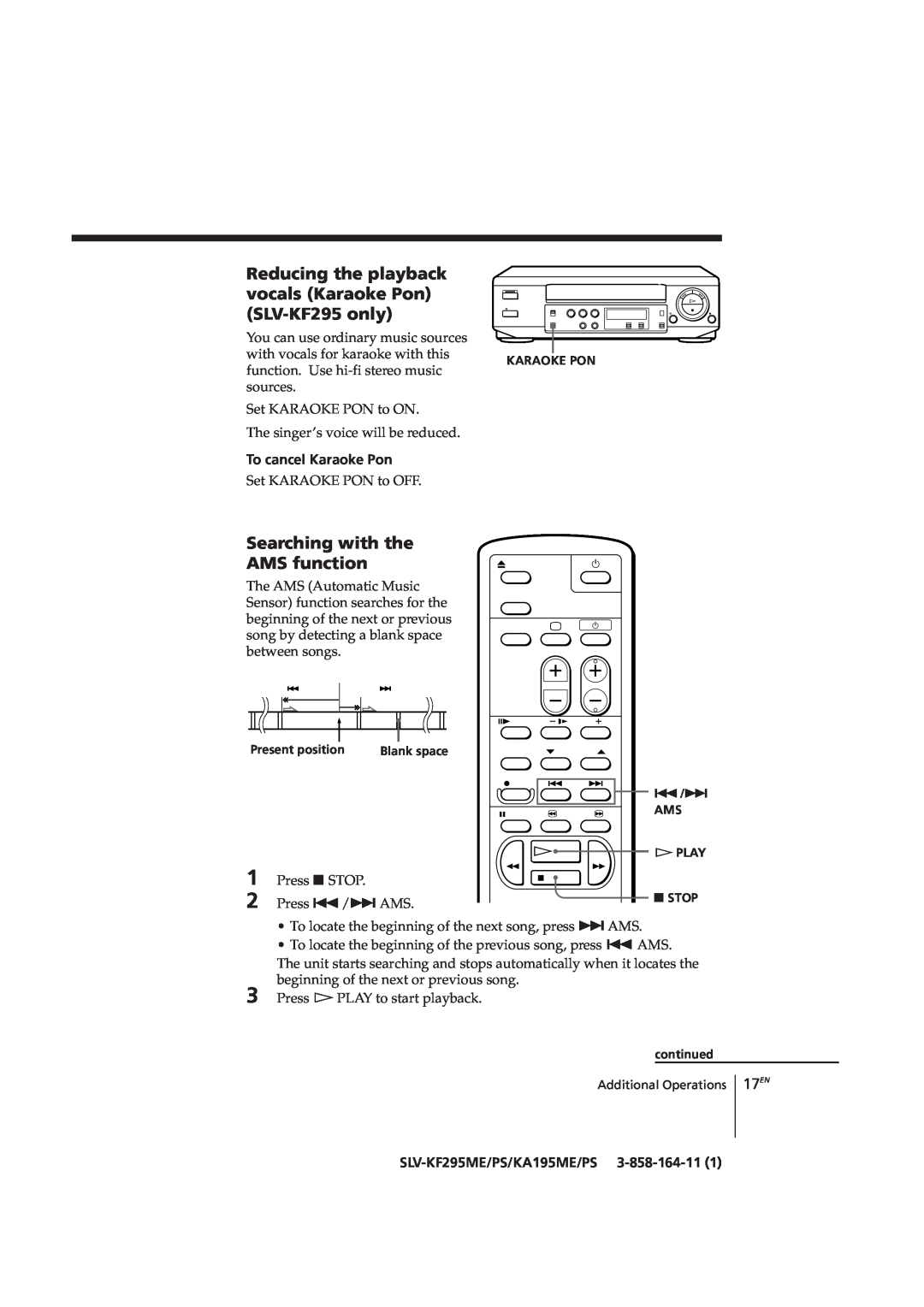 Sony SLV-KA195CH, SLV-KF295CH manual Searching with the AMS function, 17EN, To cancel Karaoke Pon, SLV-KF295ME/PS/KA195ME/PS 
