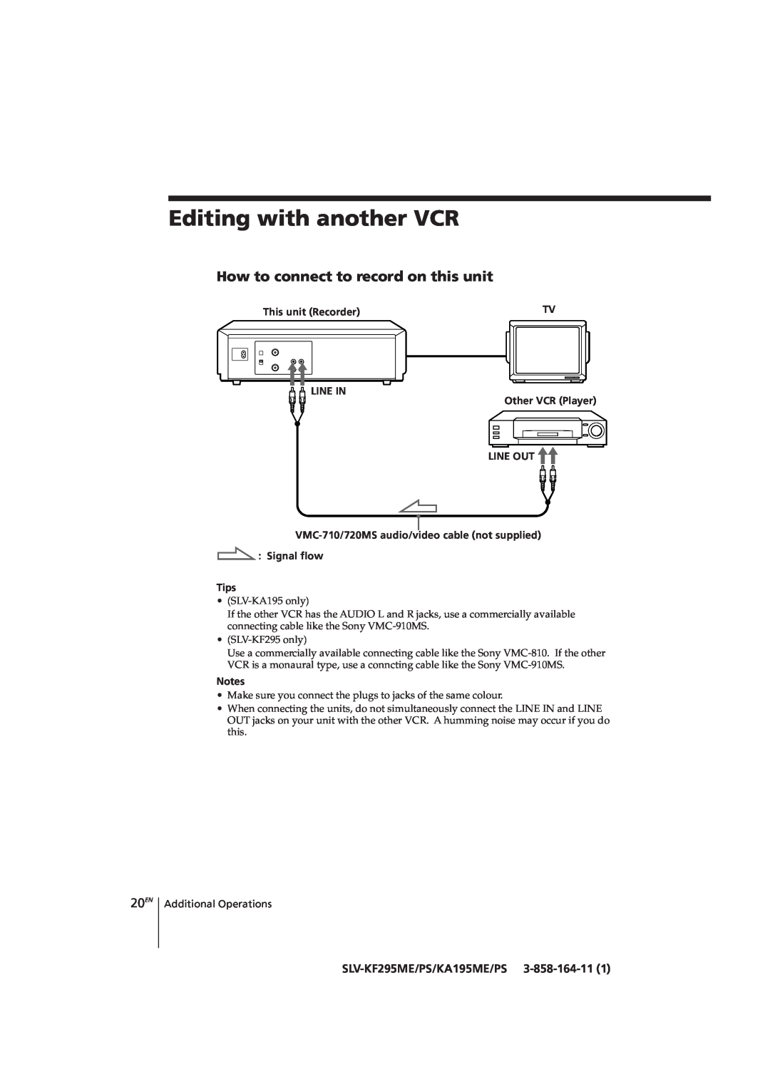 Sony SLV-KF295CH manual Editing with another VCR, How to connect to record on this unit, 20EN, SLV-KF295ME/PS/KA195ME/PS 