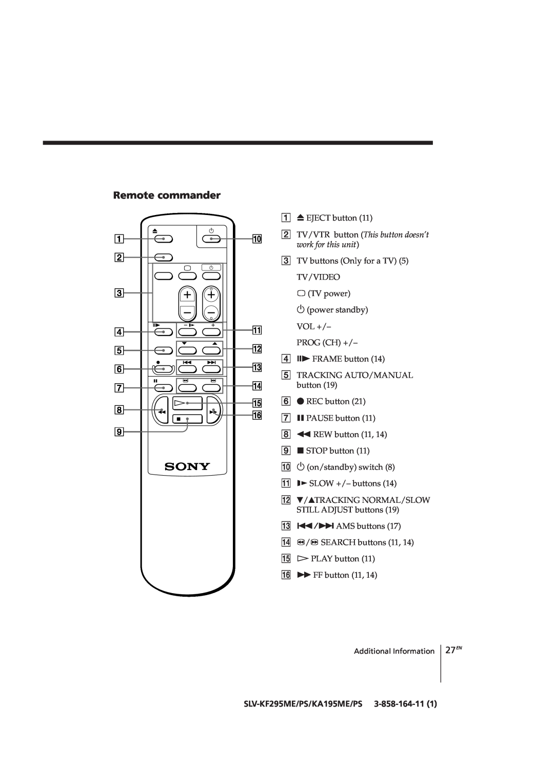 Sony SLV-KA195CH, SLV-KF295CH manual Remote commander, SLV-KF295ME/PS/KA195ME/PS 