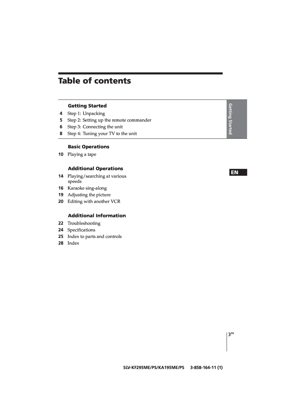Sony SLV-KA195CH manual Table of contents, Getting Started, Basic Operations, Additional Operations, Additional Information 