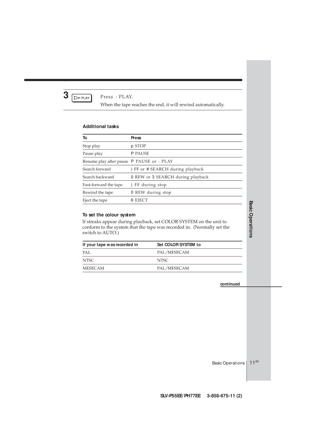 Sony SLV-PH77EE, SLV-P55EE operating instructions Additional tasks, To set the colour system, Basic Operations 