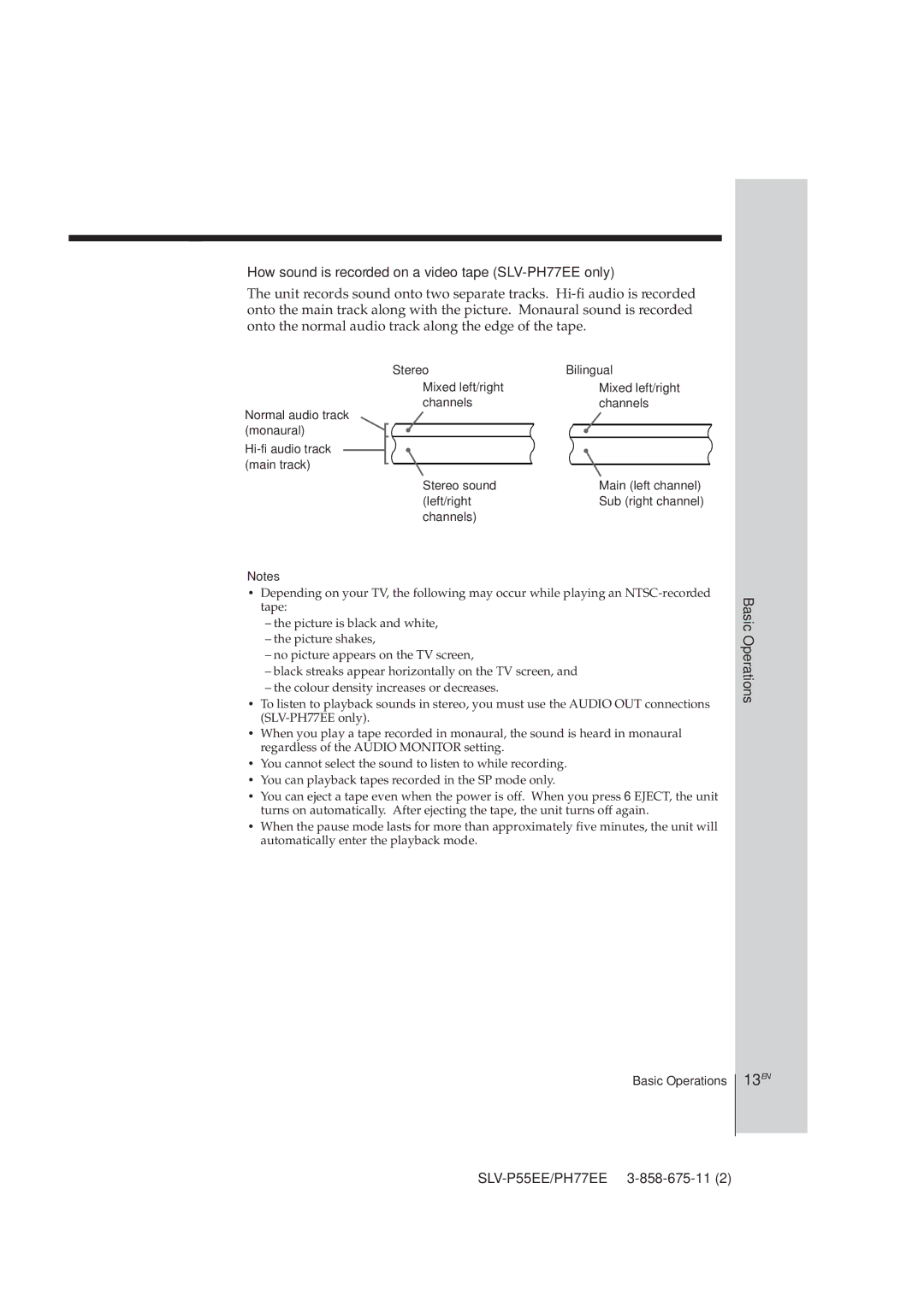 Sony How sound is recorded on a video tape SLV-PH77EE only, Stereo Bilingual Mixed left/right, Left/right, Channels 