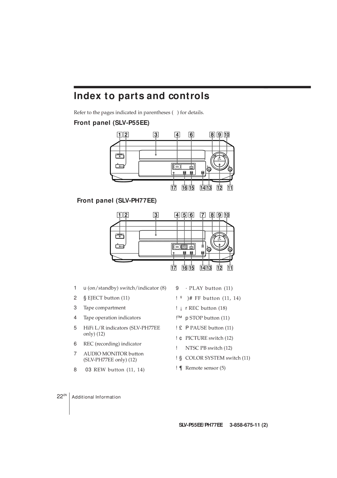 Sony operating instructions Index to parts and controls, Front panel SLV-P55EE, Front panel SLV-PH77EE 