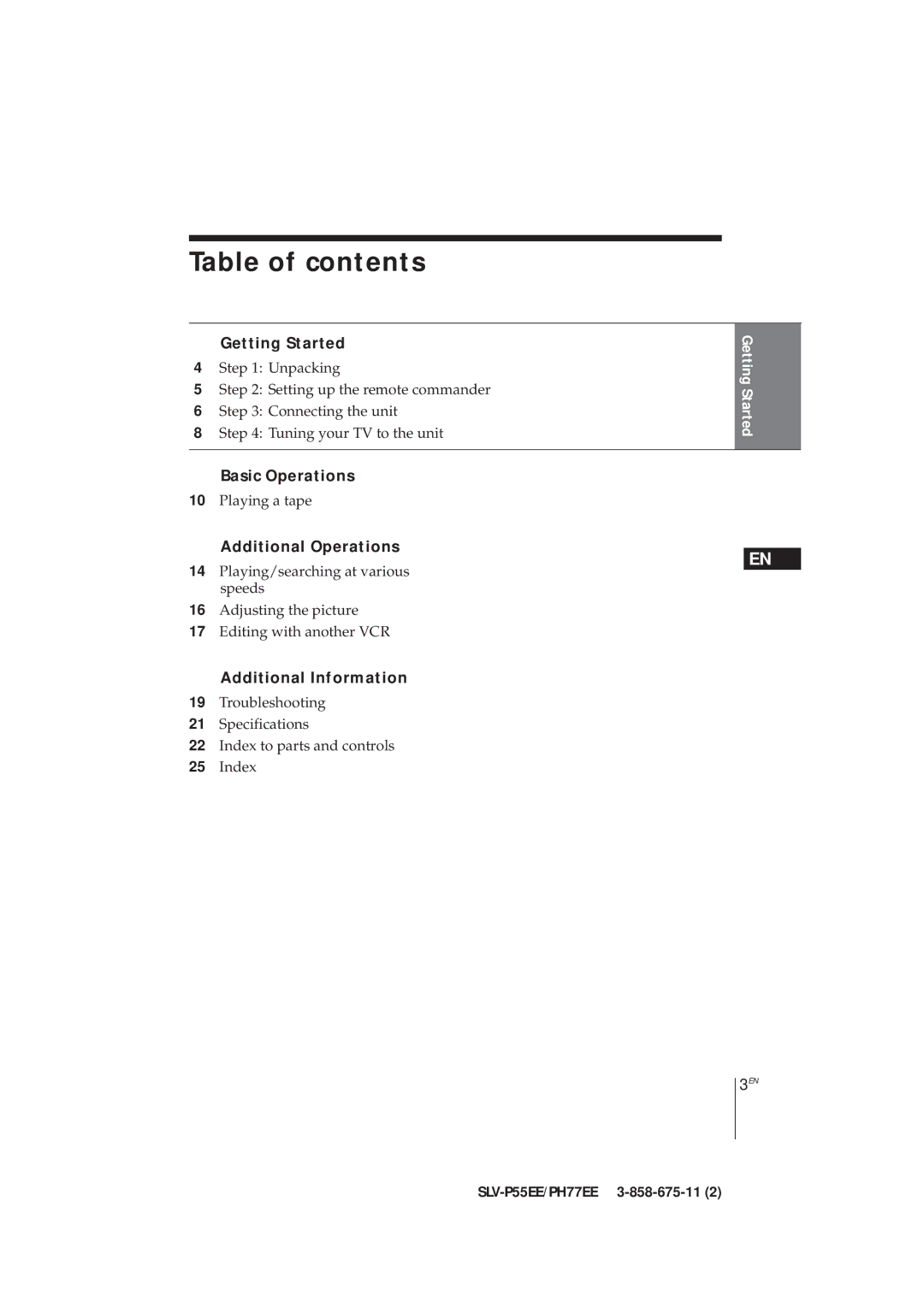 Sony SLV-PH77EE, SLV-P55EE operating instructions Table of contents 