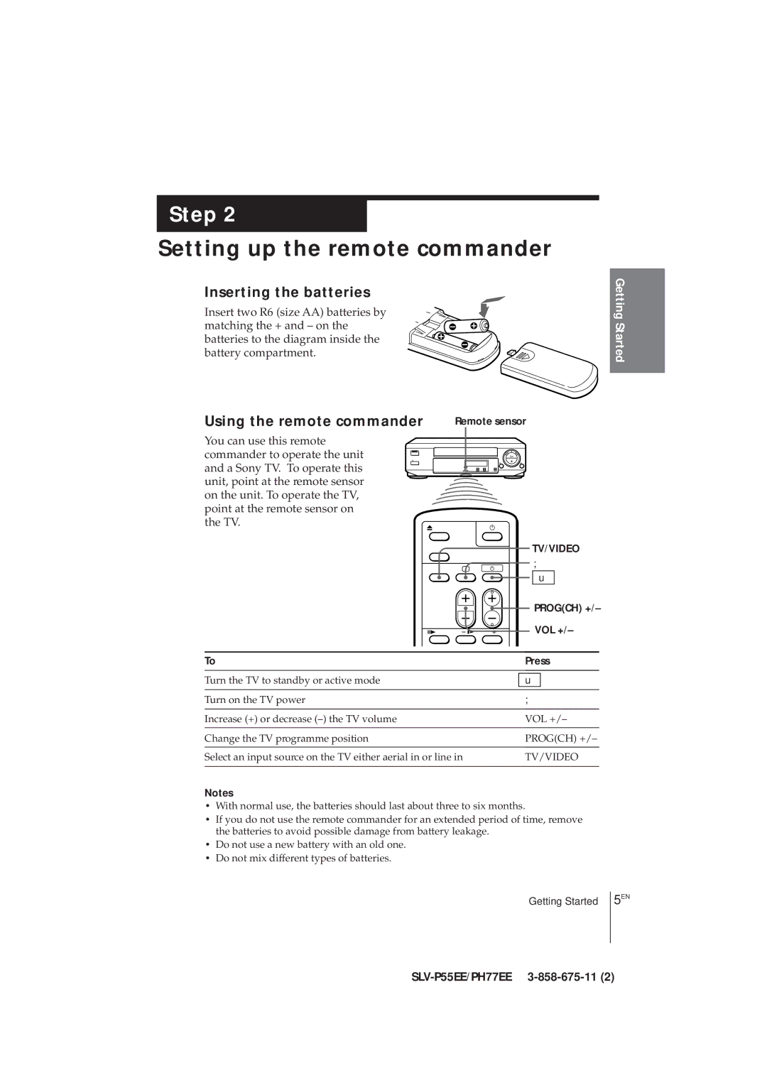 Sony SLV-PH77EE Setting up the remote commander, Inserting the batteries, Using the remote commander, Vol +, Press 