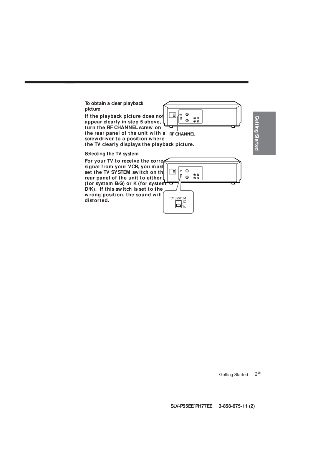 Sony SLV-PH77EE, SLV-P55EE operating instructions To obtain a clear playback picture, Selecting the TV system 