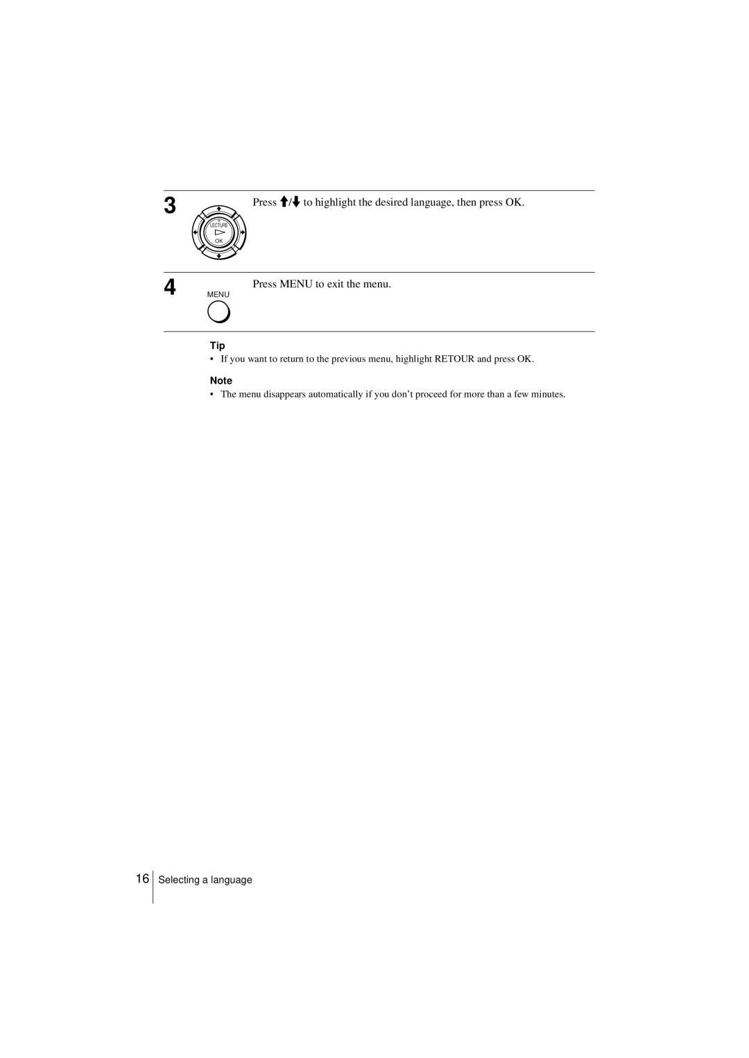 Sony SLV-SE450B, SLV-SE250B Press M/ m to highlight the desired language, then press OK, Press Menu to exit the menu, Tip 