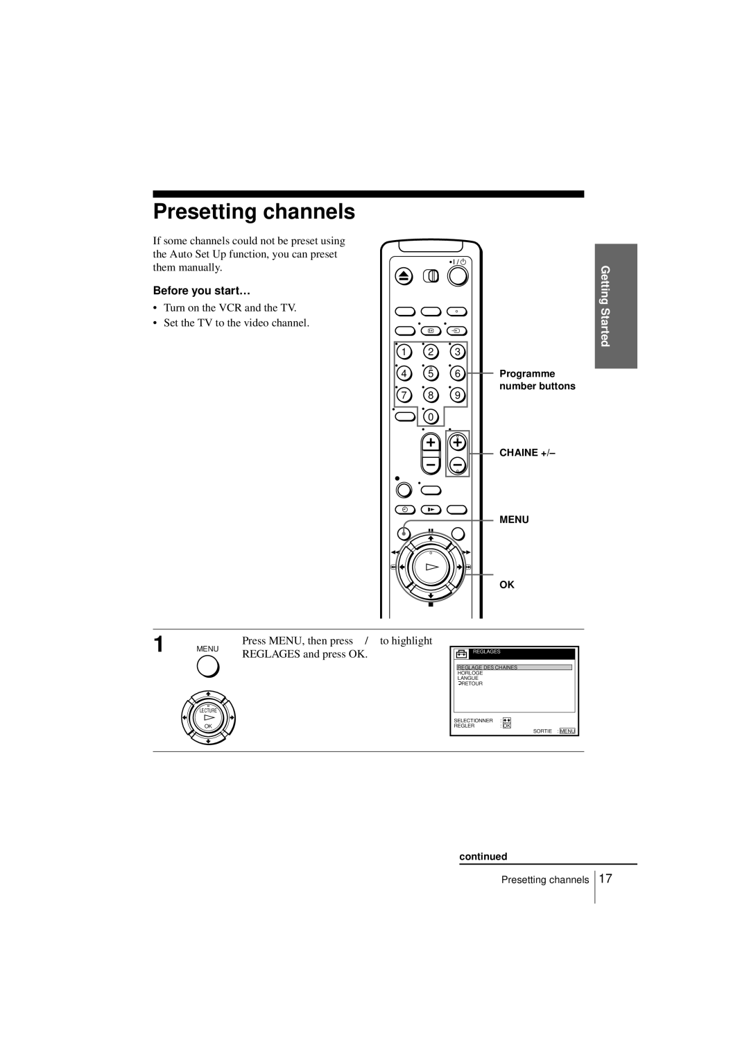 Sony SLV-SE250B, SLV-SE450B operating instructions Presetting channels, Programme 