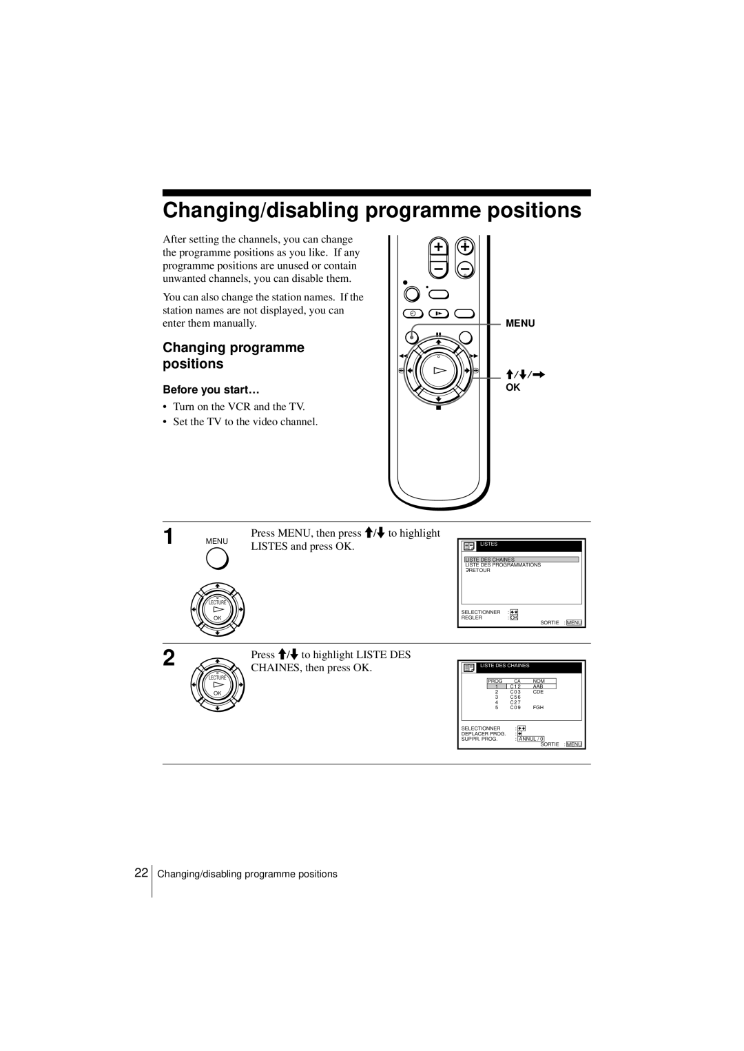 Sony SLV-SE450B, SLV-SE250B operating instructions Changing/disabling programme positions, Changing programme positions 