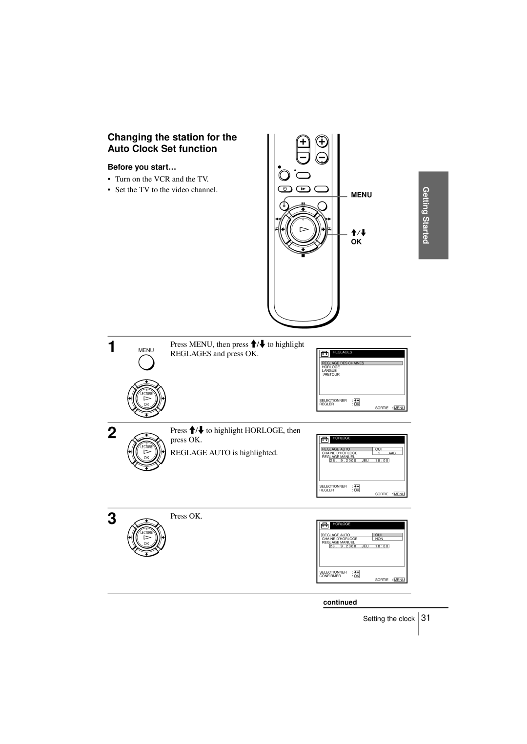 Sony SLV-SE250B, SLV-SE450B Changing the station for the Auto Clock Set function, Reglage Auto is highlighted 