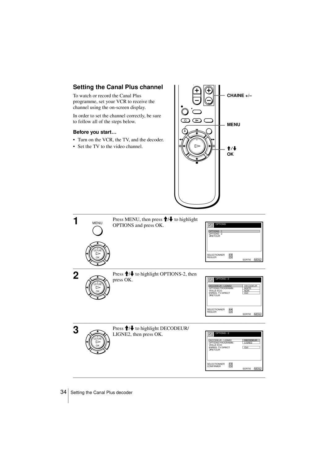 Sony SLV-SE450B, SLV-SE250B Setting the Canal Plus channel, Press M/m to highlight OPTIONS-2, then press OK 