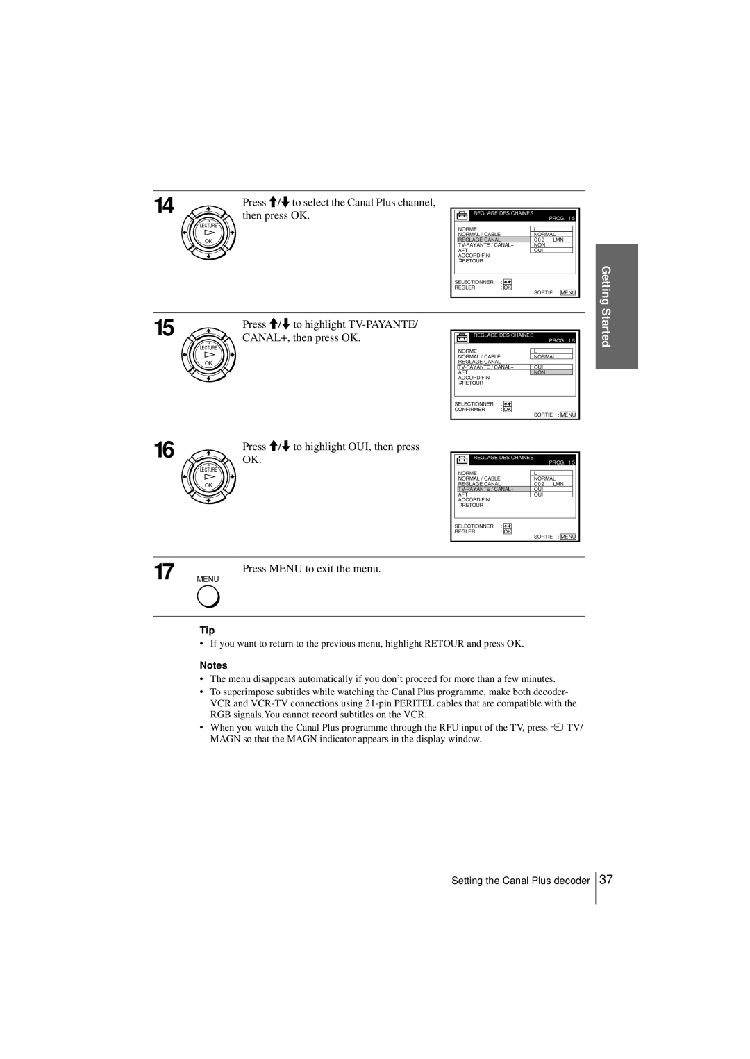 Sony SLV-SE250B, SLV-SE450B operating instructions Then press OK, CANAL+, then press OK 