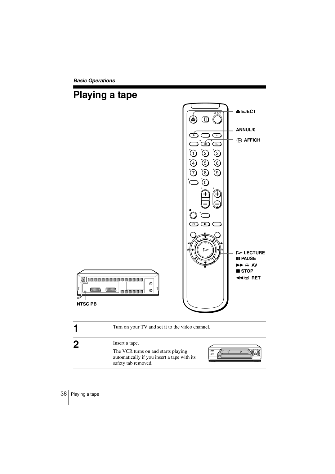 Sony SLV-SE450B, SLV-SE250B operating instructions Playing a tape, Stop m RET 