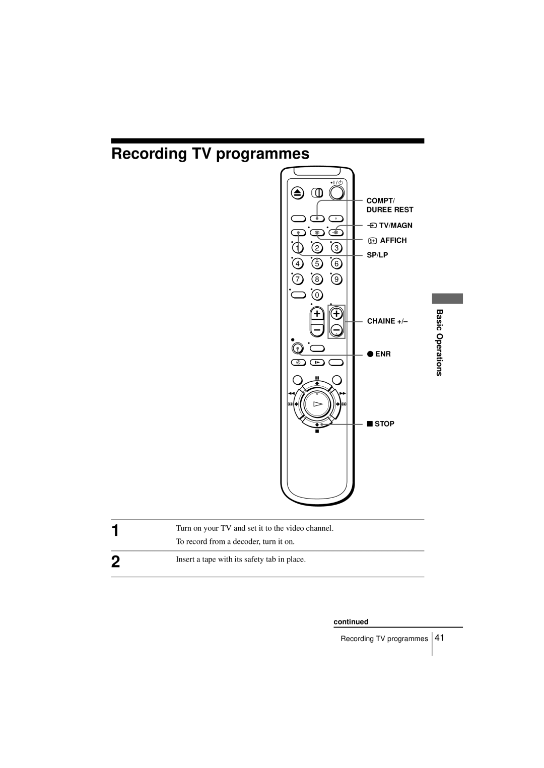 Sony SLV-SE250B, SLV-SE450B operating instructions Recording TV programmes, ENR Stop 