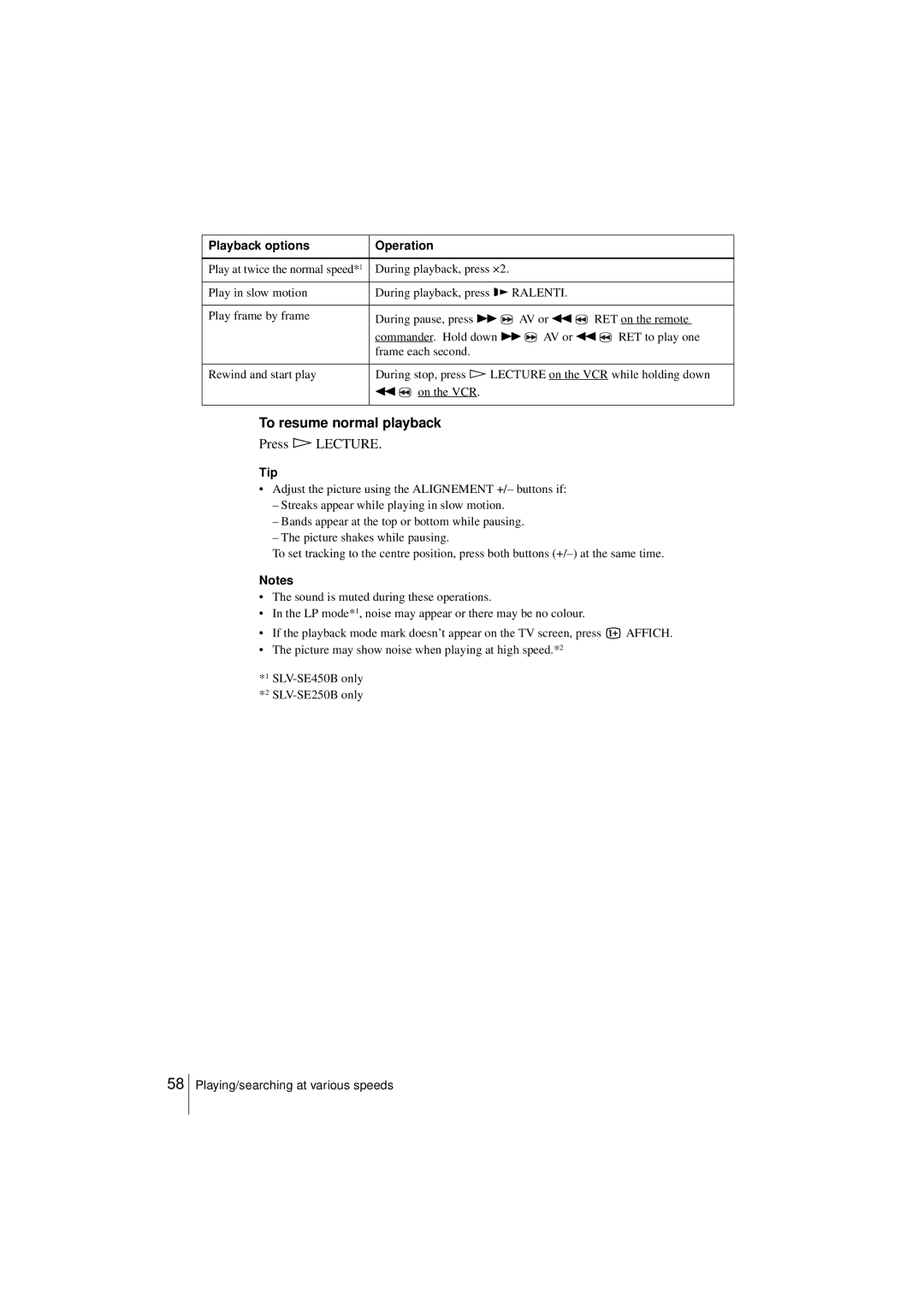 Sony SLV-SE450B, SLV-SE250B operating instructions To resume normal playback, Playback options Operation 