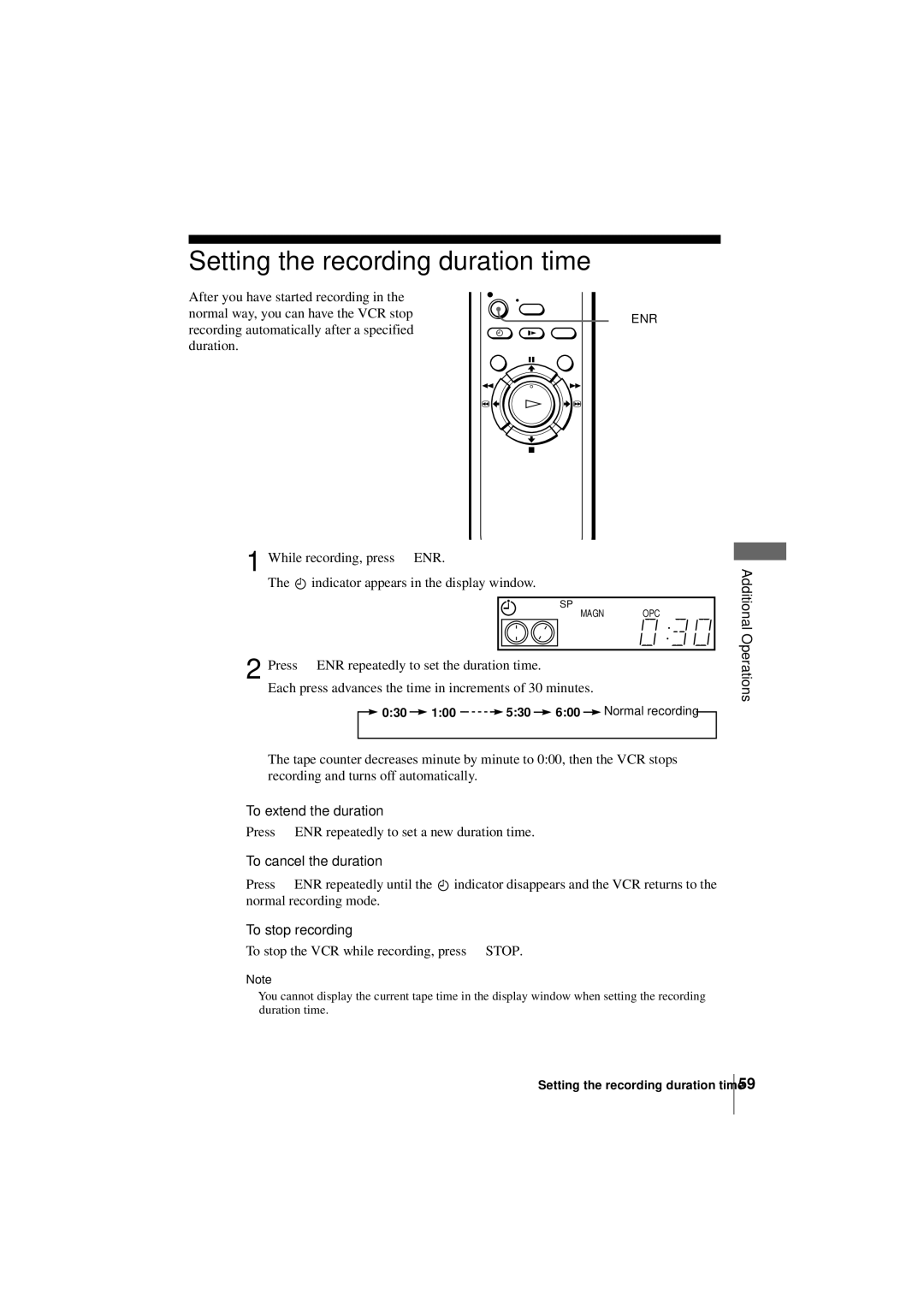 Sony SLV-SE250B Setting the recording duration time, To extend the duration, To cancel the duration, Additional Operations 