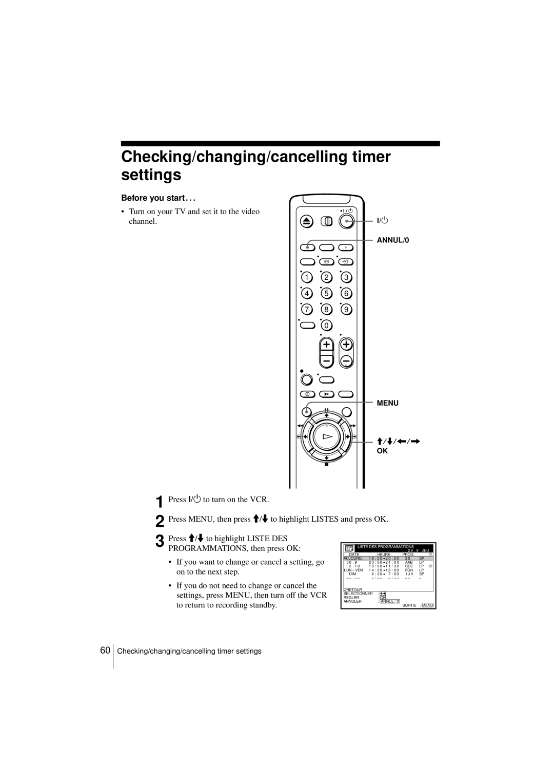 Sony SLV-SE450B, SLV-SE250B operating instructions Checking/changing/cancelling timer settings, Before you start … 