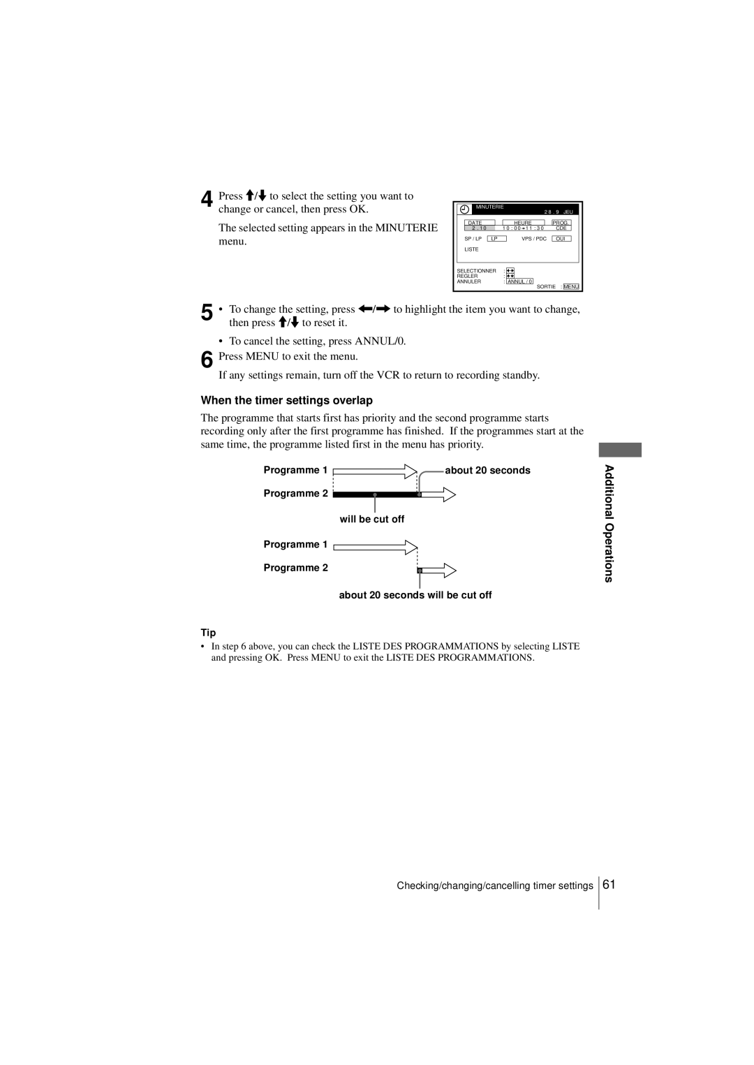 Sony SLV-SE250B, SLV-SE450B operating instructions When the timer settings overlap, Programme 