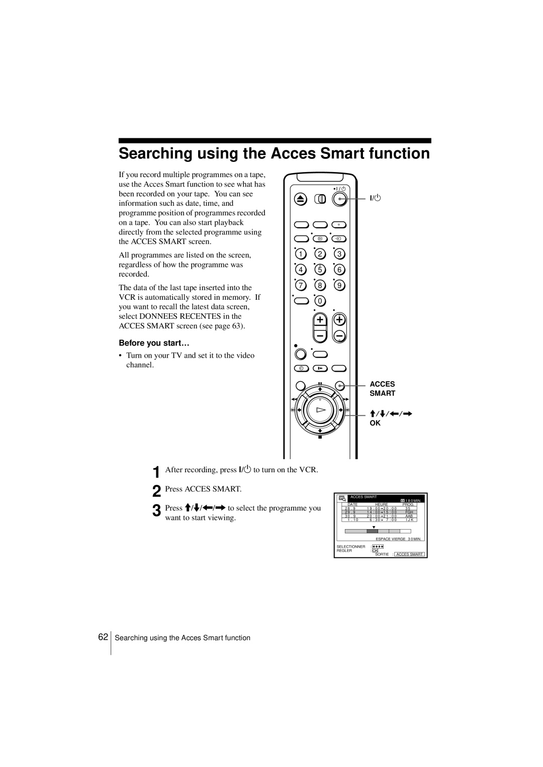 Sony SLV-SE450B, SLV-SE250B operating instructions Searching using the Acces Smart function 