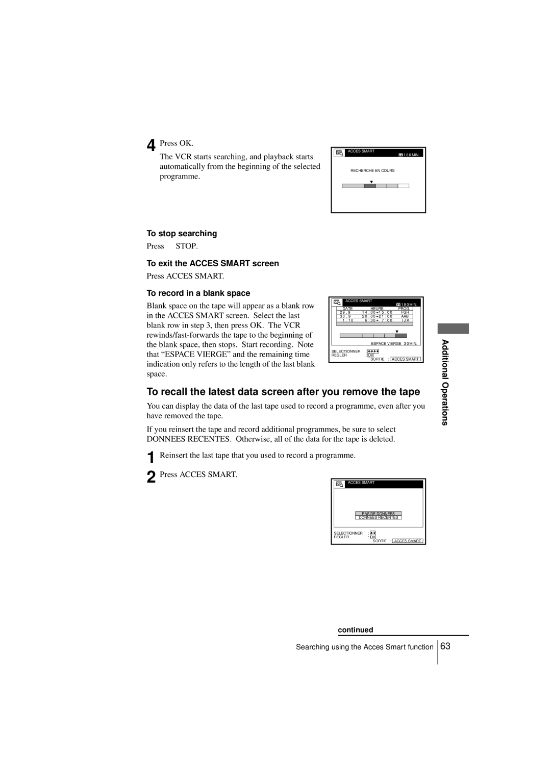 Sony SLV-SE250B, SLV-SE450B operating instructions To recall the latest data screen after you remove the tape 