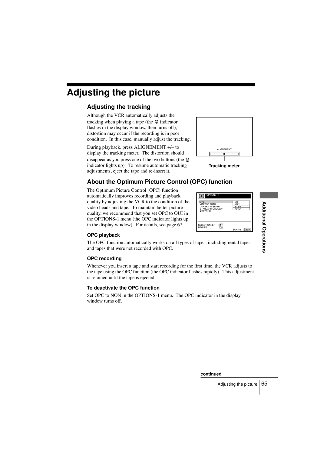 Sony SLV-SE250B, SLV-SE450B Adjusting the picture, Adjusting the tracking, About the Optimum Picture Control OPC function 