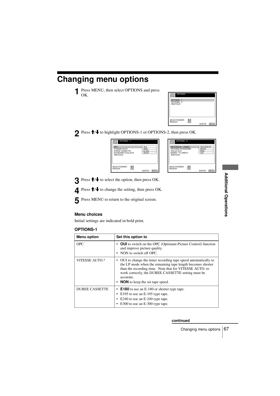 Sony SLV-SE250B Changing menu options, PressOK. MENU, then select Options and press, Menu option Set this option to 